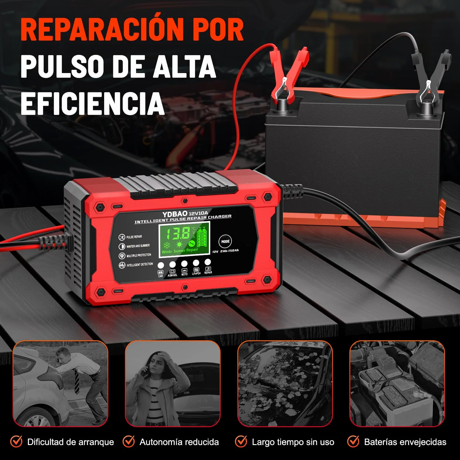 YDBAO Cargador de Batería de Coche 12V 10A Cargador Baterias Coche y Moto Inteligente con Reparación y Múltiples Protecciones y Pantalla LCD Cargador bateria para Auto,Moto, Camión, AGM, Gel,SLA