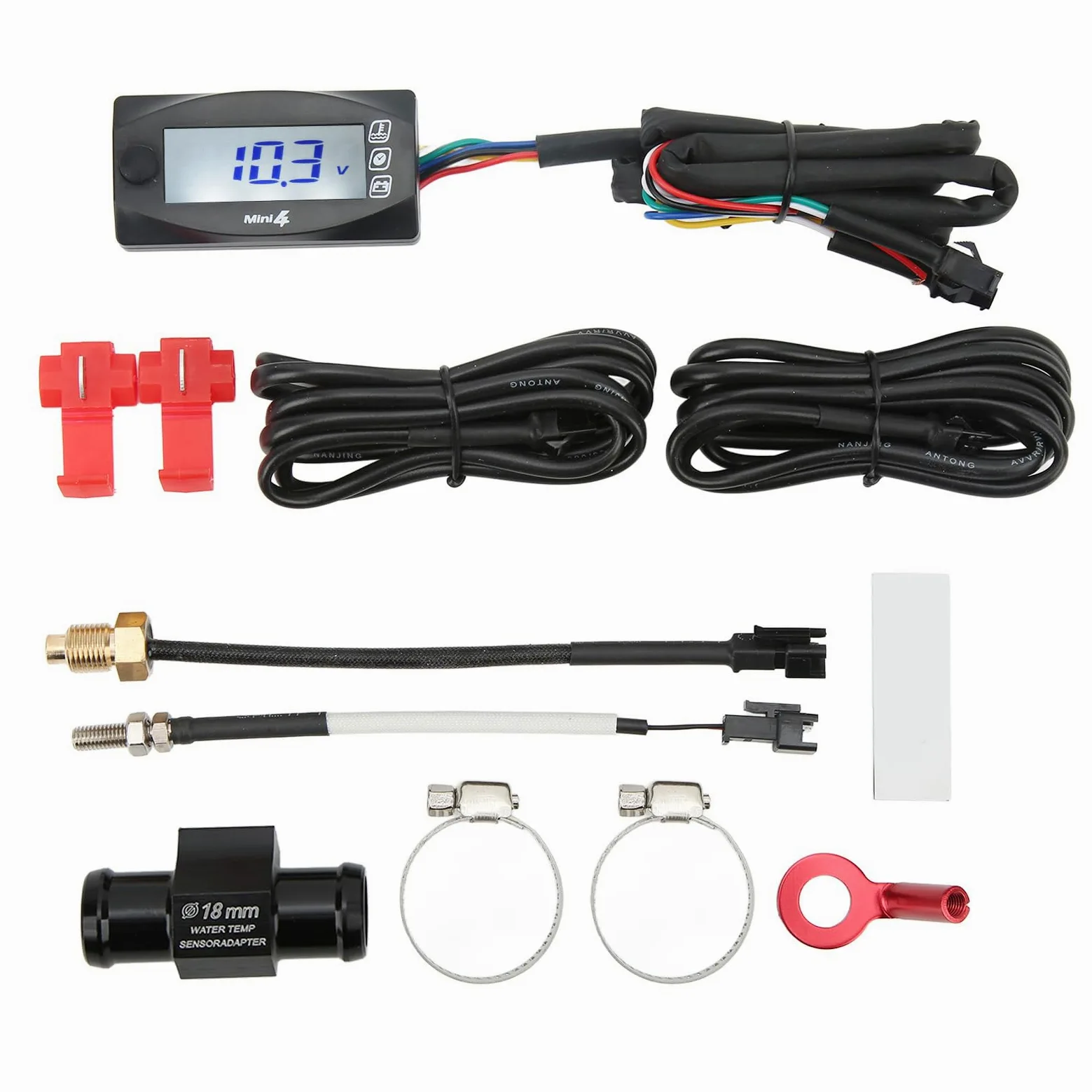 Termómetro Xtevu, medidor de tiempo de voltaje LCD de motocicleta, Medidor de temperatura del motor 4 en 1 pantalla, pantalla de termómetro digital universal DC12V (18MM)