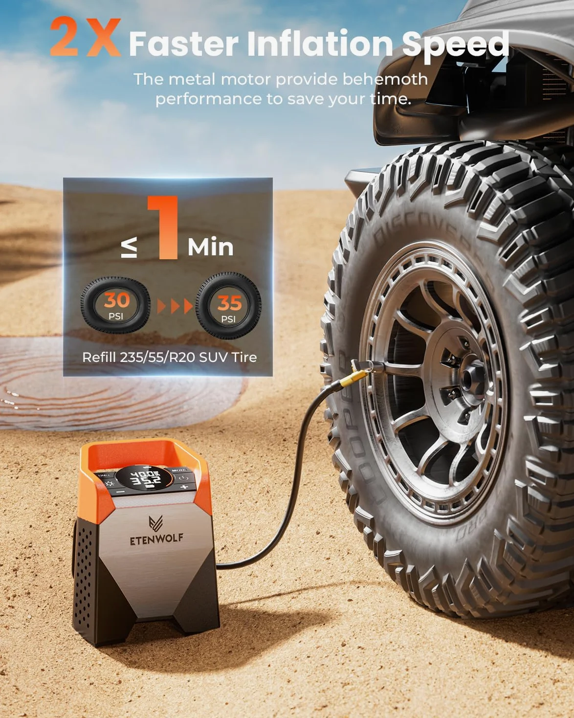 ETENWOLF Zephyr S5 - Compresor de aire portátil para inflador de neumáticos de alta resistencia, bomba de aire inalámbrica de 160 PSI y 15600 mAh con luz LED para neumáticos de coche, bicicleta
