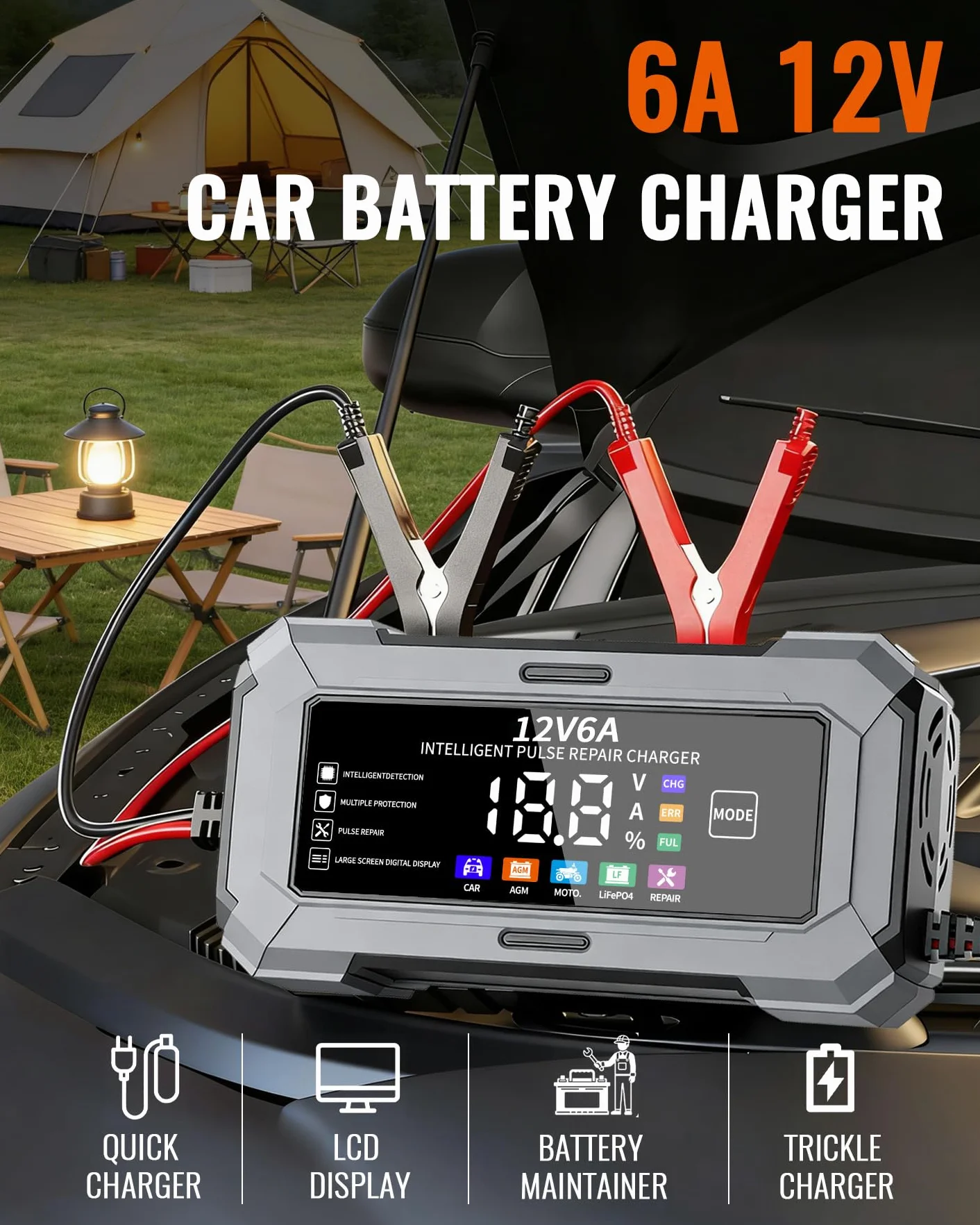 TANYO Cargador de Baterias de Coche, 12V Inteligente Cargador de Baterias Coche y Moto con Función de Reparación Automática y Pantalla LCD, 6A Cargador de Bateria para Auto, Moto, Camión, AGM, Gel