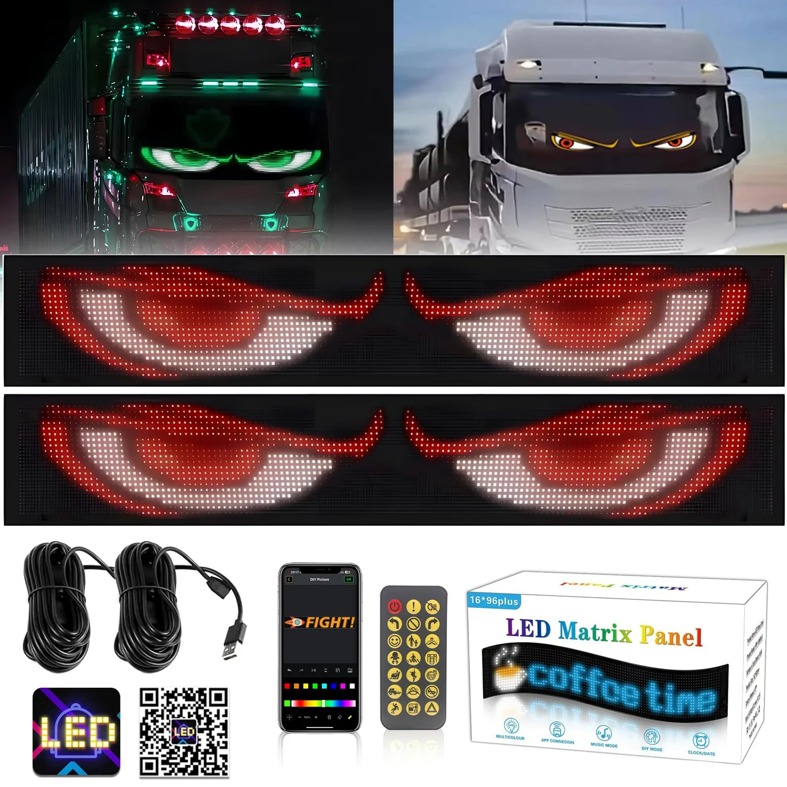 2pcs 192mmx1330mm,Luces LED para Camión y Coche, Pantalla LED Flexible Programable Grande para Coche, Ojos LED para Coche, Lámpara de Ojos Coloridos, Pantalla Suave con Control Aplicación Coches