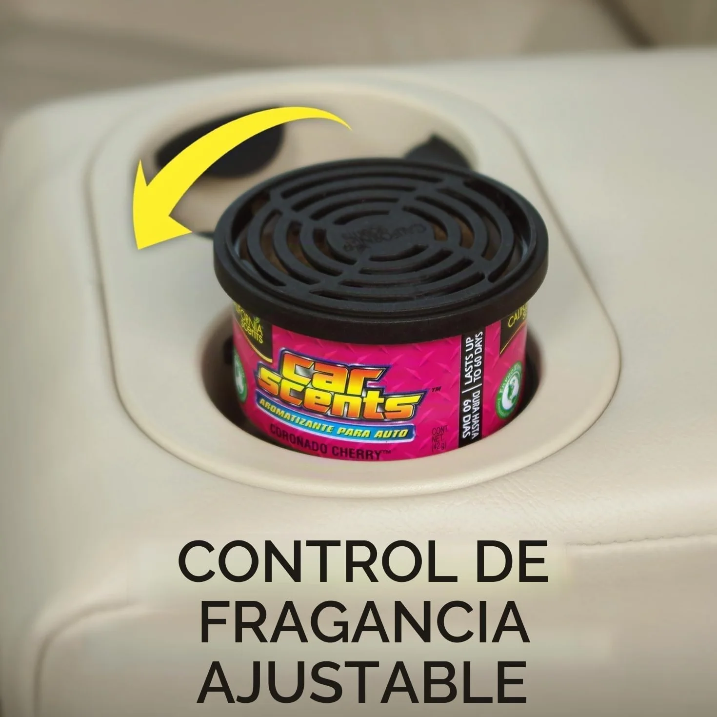 California Scents Ambientador de Coche en Lata - 4 Pack - Fragancia Duradera de Cereza (hasta 30 Días) - Control de Intensidad de Olor para un Ambiente Fresco y Personalizado en tu Coche, 42g