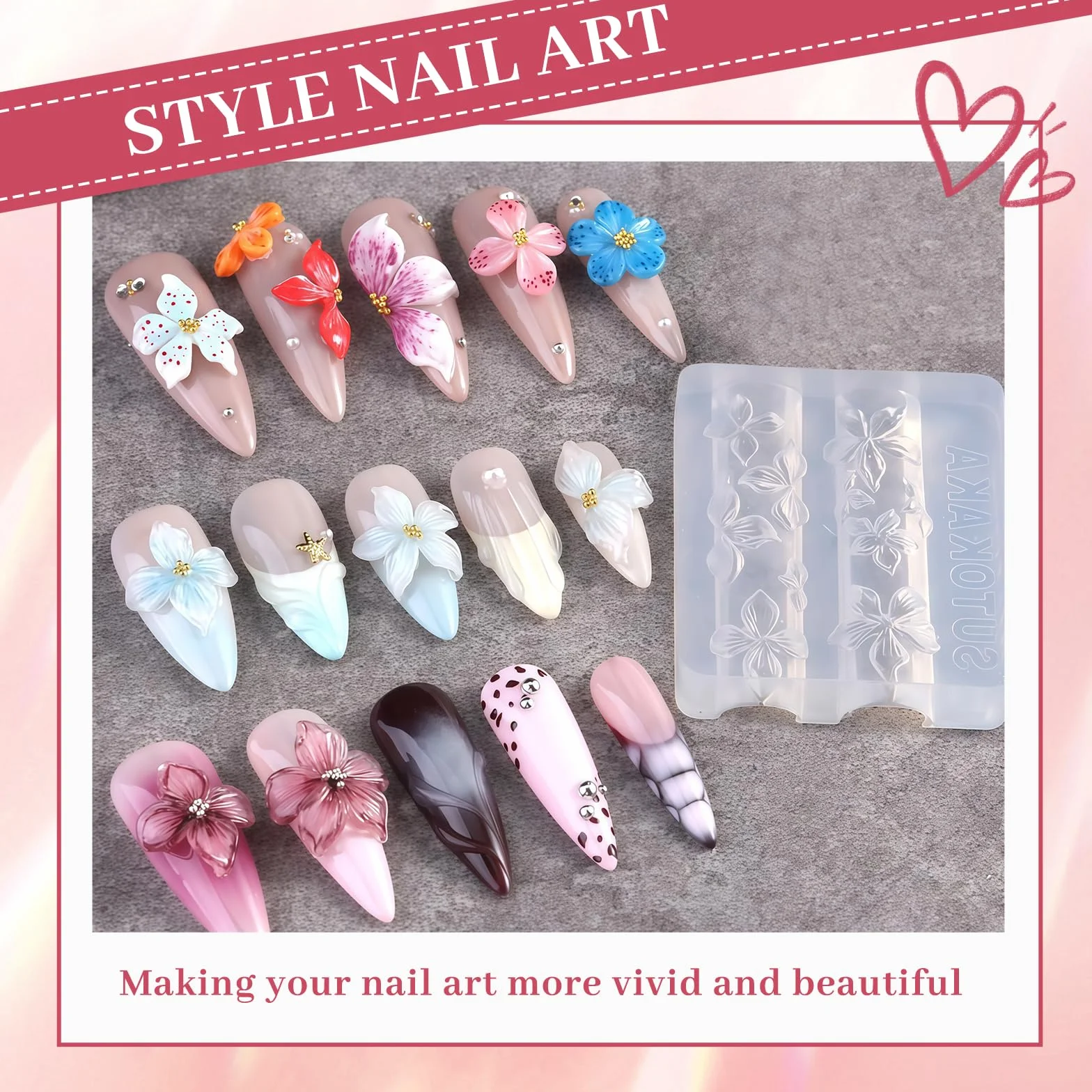 Nails Mold, Molde de estampado de uñas de silicona de flores, Sello de uñas 3D para manicura DIY