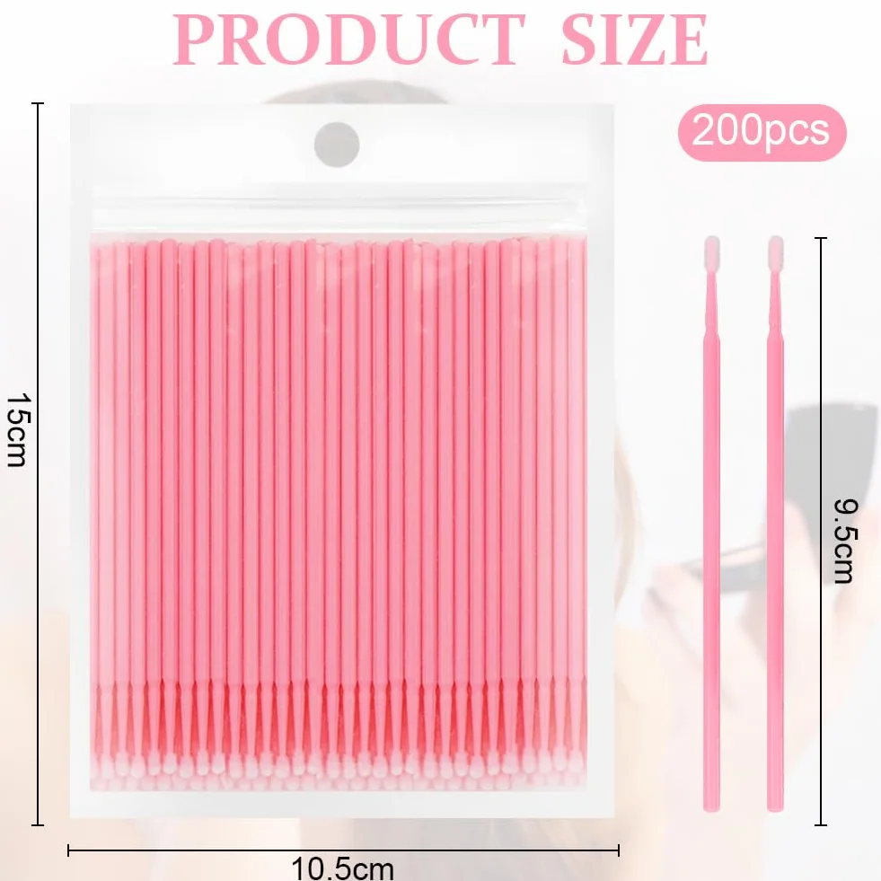 200 PCS Microcepillos Aplicadores Desechables, Ultrafeine Microbrush para Extracción de Pestañas y Maquillaje, Rosa
