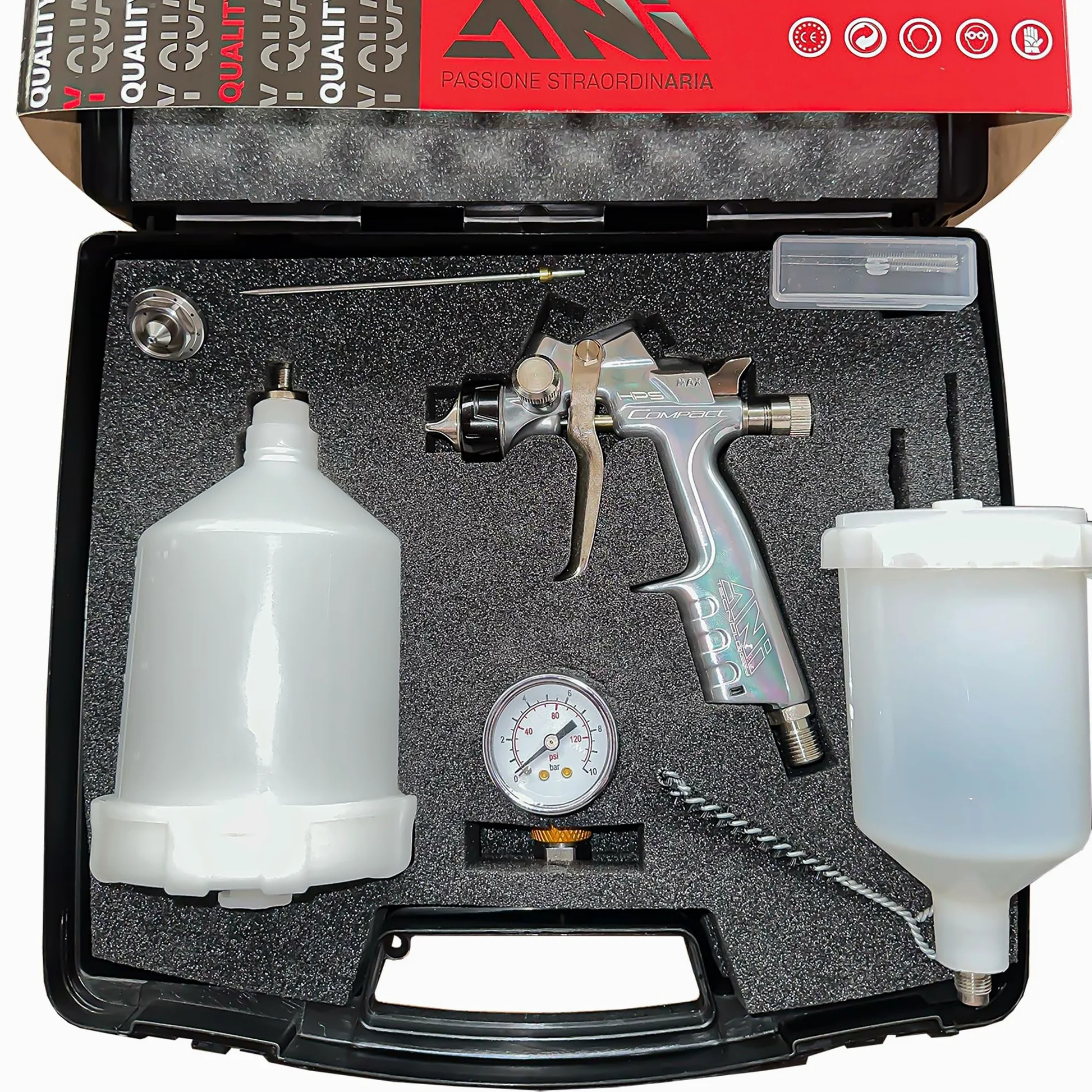 ANi Kit de pistola de pulverización compacta, vuelve a rociar con un pequeño compresor de 1,8 mm y 1,3 mm, imprimación y acabado, kit de retoque y repulverización.