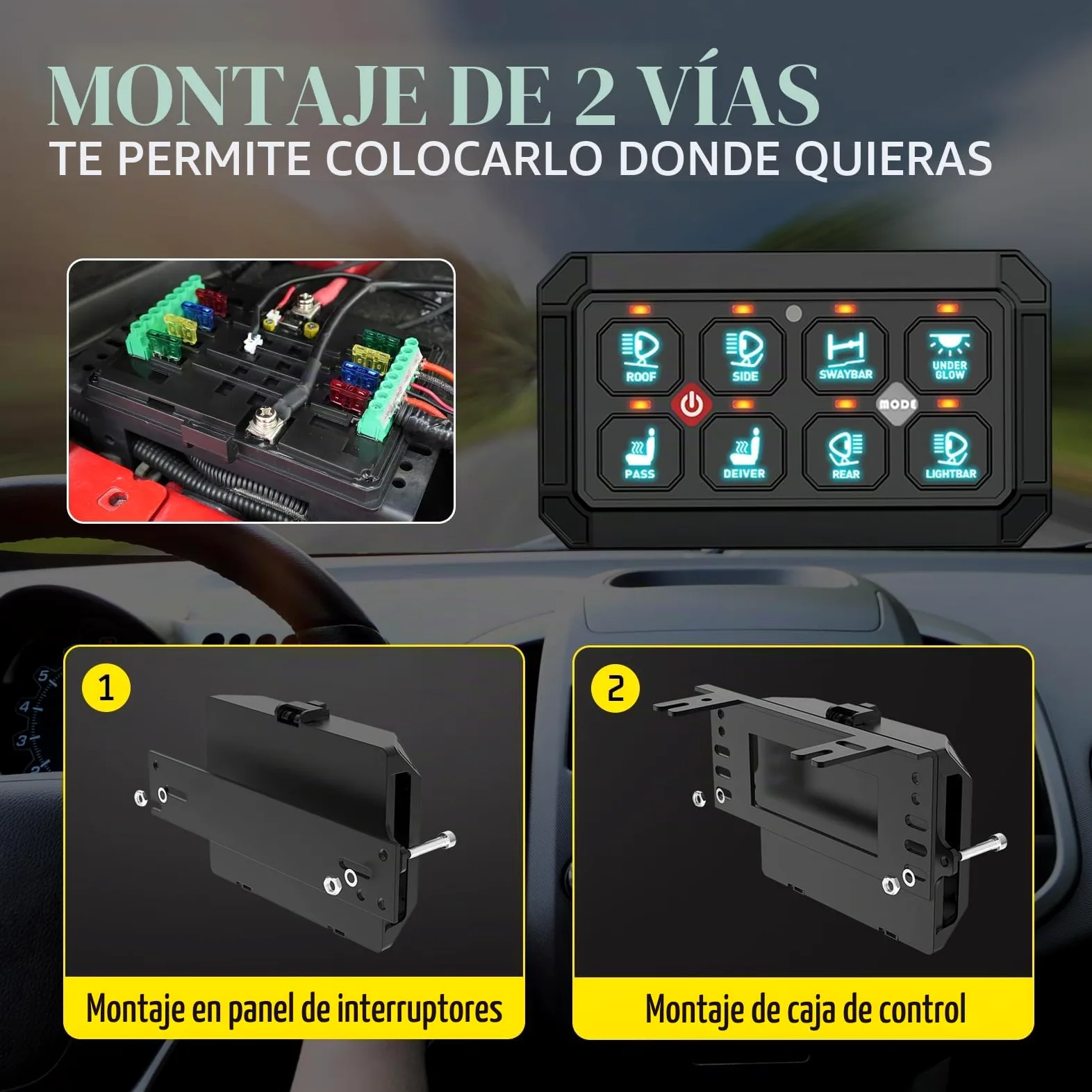 Panel de interruptor de 8 marchas, sistema de relé de circuito universal | conmutación inteligente y LED regulable, panel táctil RGB de siete colores para coche