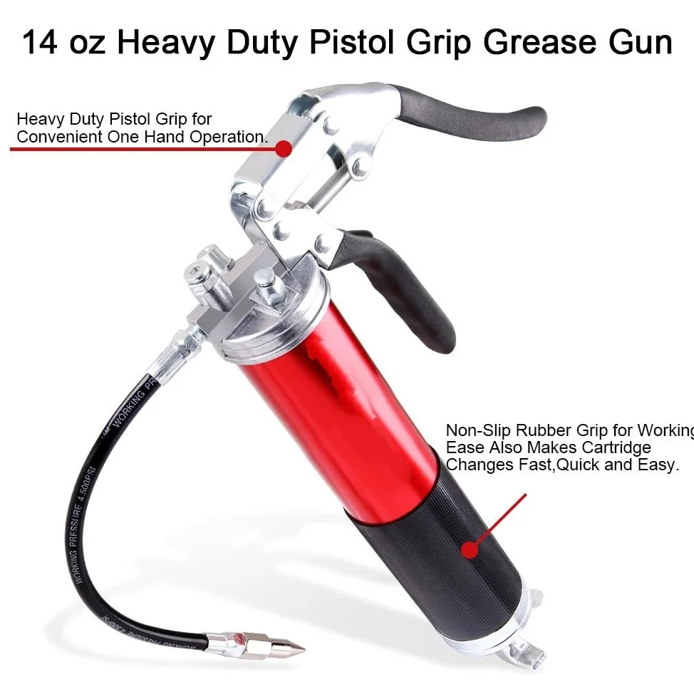 Boquilla engrasadora Boquilla Bomba de Engrase Duty 6000PSI Pistola engrasadora Empuñadura de Pistola 400cc 14oz Lubricación W/12quot; Manguera Flexible y 5-1/2" Extensión Metálica(Blue)
