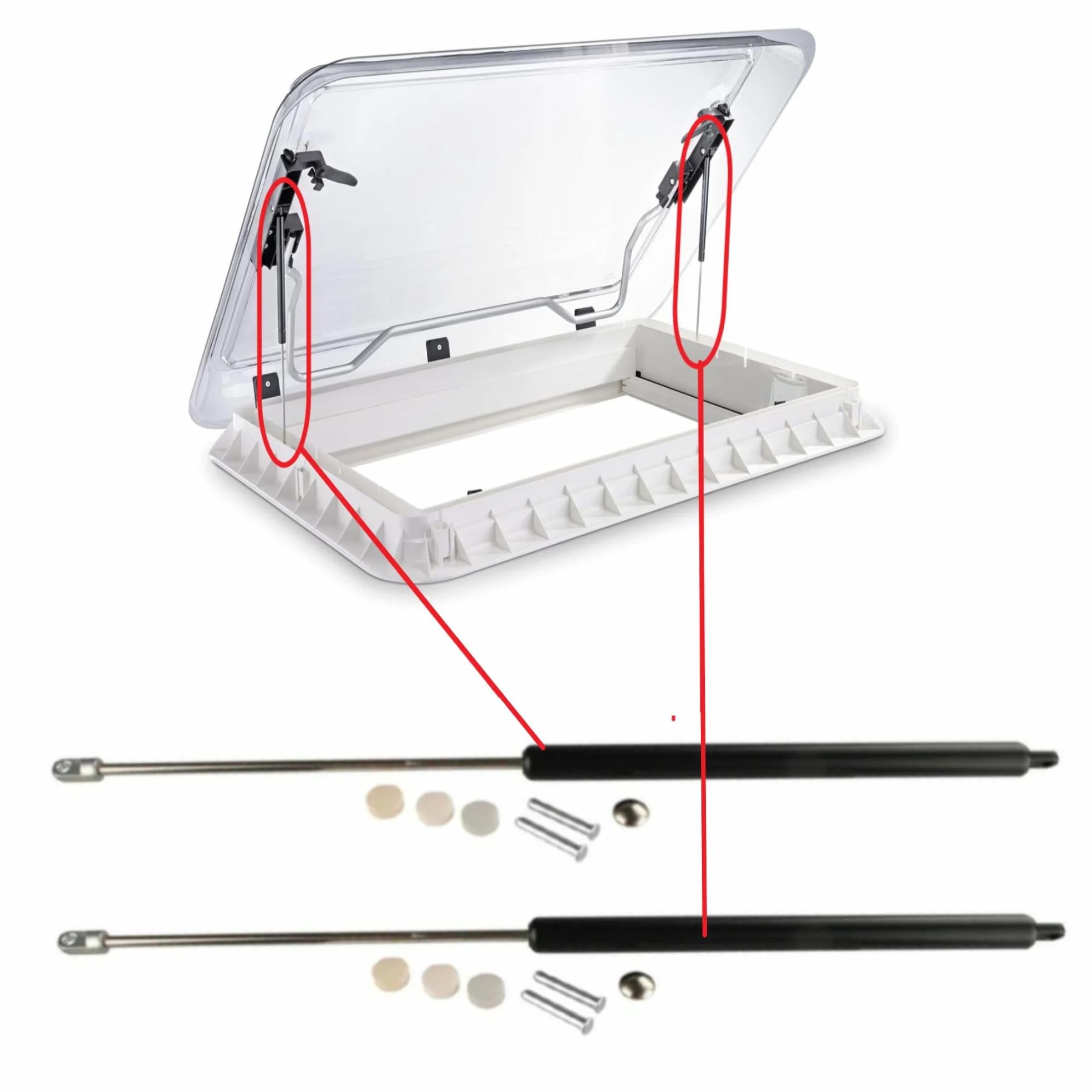 2 Resortes de Gas Compatibles con Seitz Dometic Heki 2 Skylight. Accesorios para Caravanas. (Kit de Instalación Completo.)