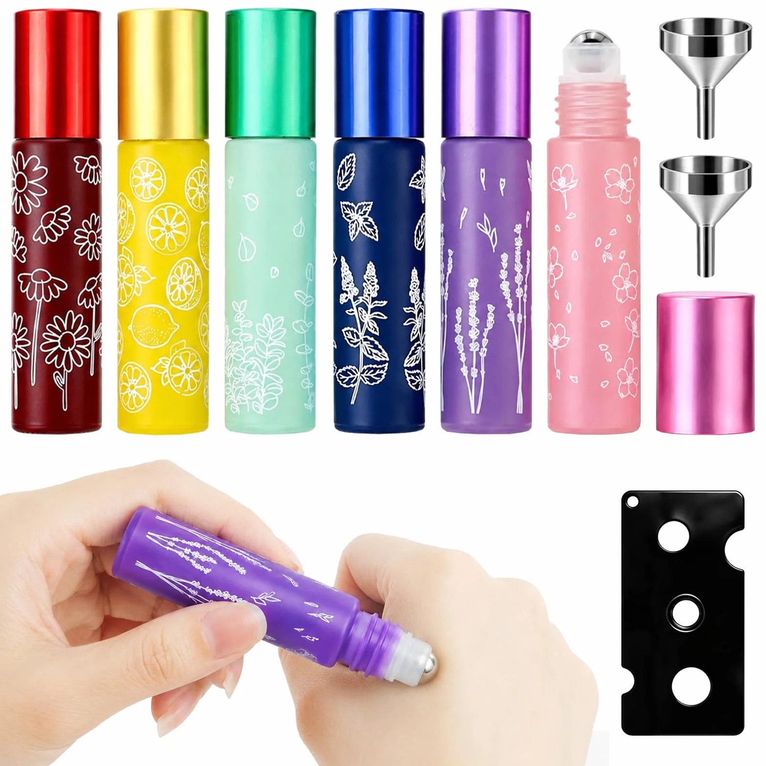 Redamancy 6 Botellas Roll On Rellenables de Cristal 10ml Set de Colores con Embudos y Abridor para Aceites Esenciales