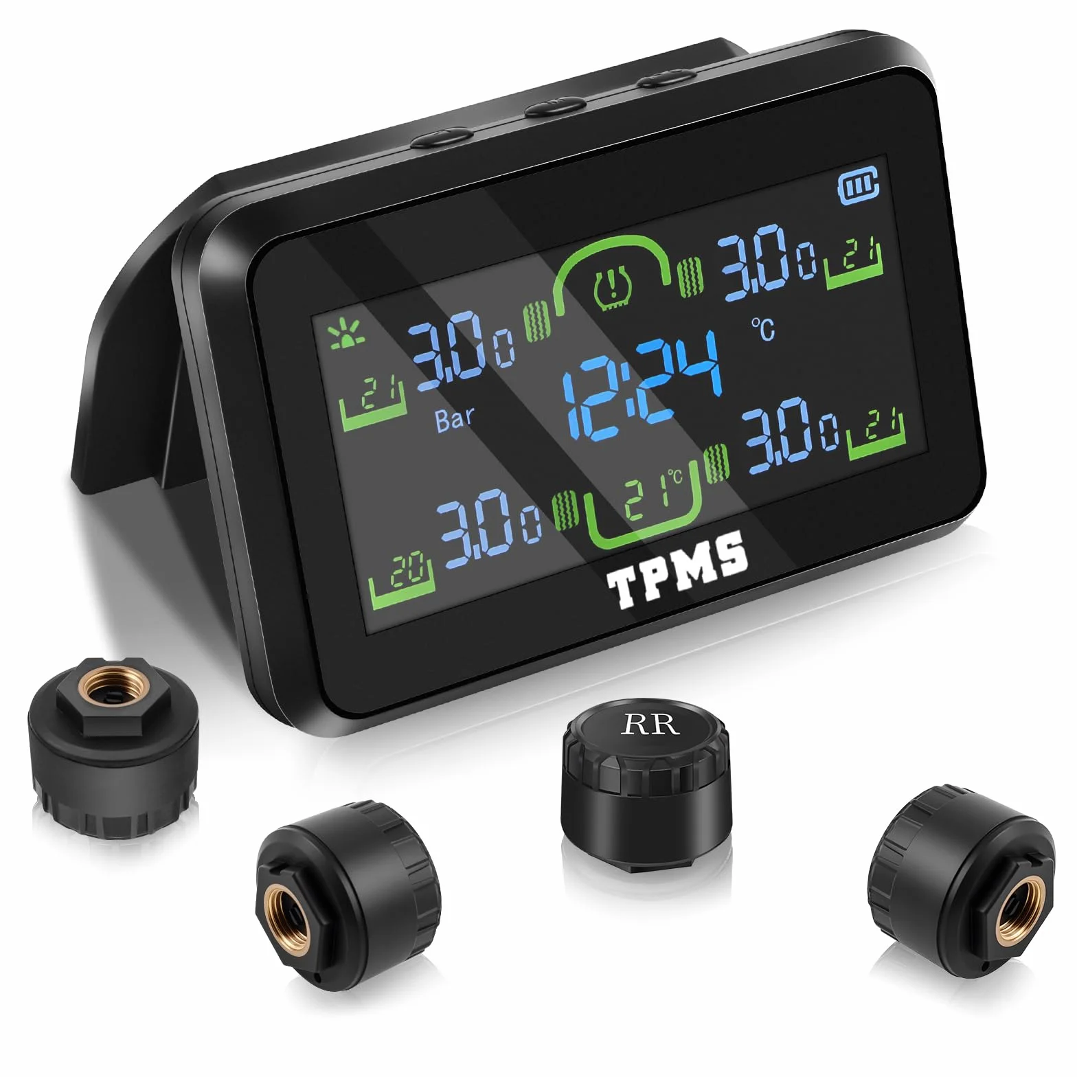 TPMS Sistema de Monitoreo de Presión de Neumáticos, Carga Solar/USB, 5 Funciones de Alarma, Auto On/Off, Compatible Caravana/Berlina/SUV/MPV (4 Sensores, 87 PSI)