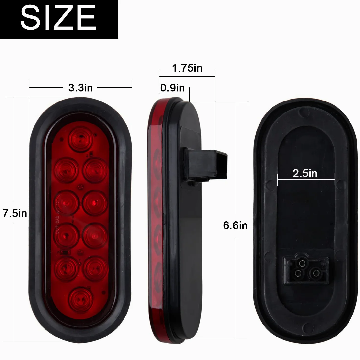 6 luces traseras LED ovaladas de 6 pulgadas, 10 LED, 4 rojas y 2 blancas de 6 pulgadas, luces traseras ovaladas de freno y marcha atrás, luces de remolque con ojales de montaje empotrado,