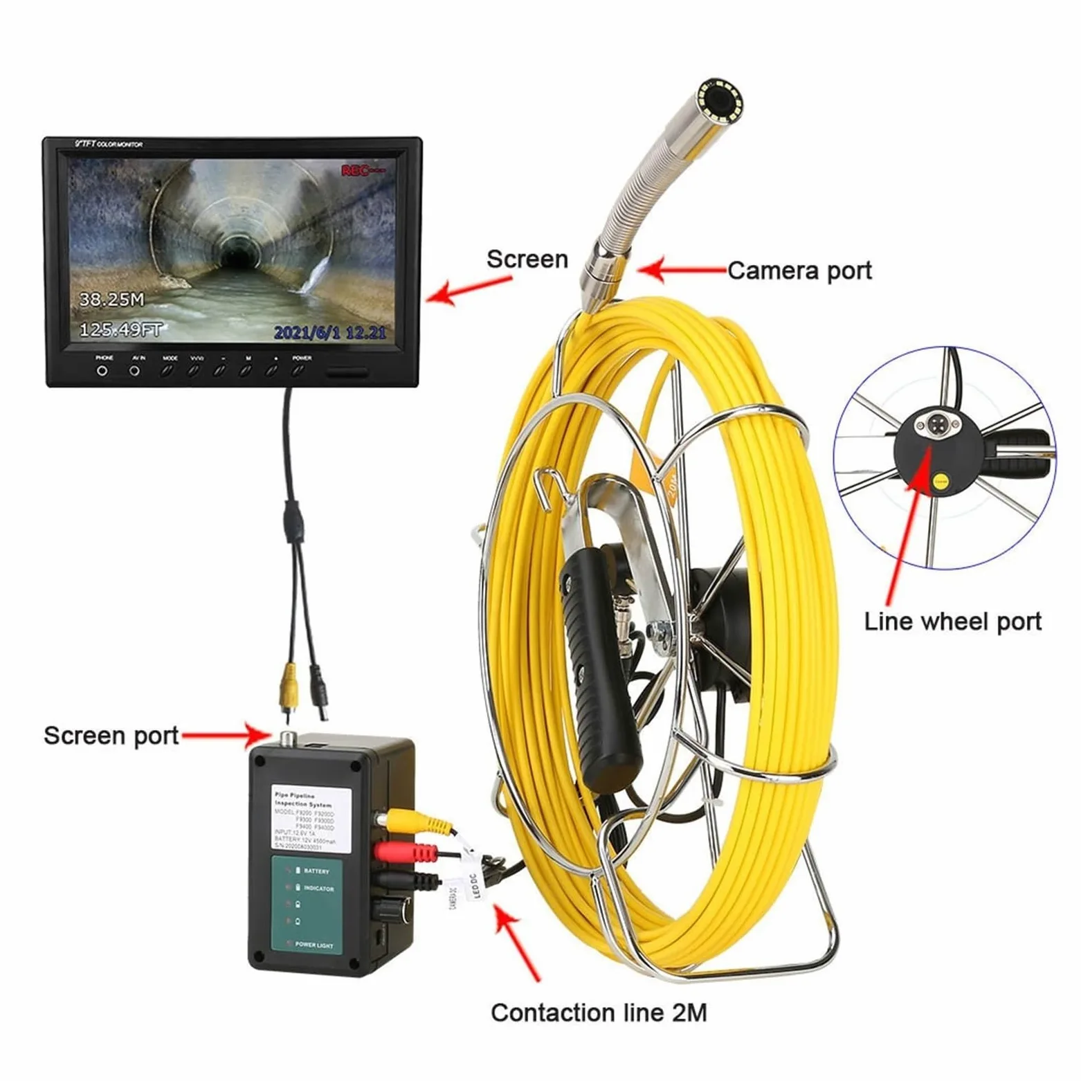 Endoscopio Cámara de vídeo inspección tuberías alcantarillado DVR con Monitor 7 "con contador medidor Autonivelación automática 512HZ localizador 22MM IP68 HD(20m,DVR-Receiver)