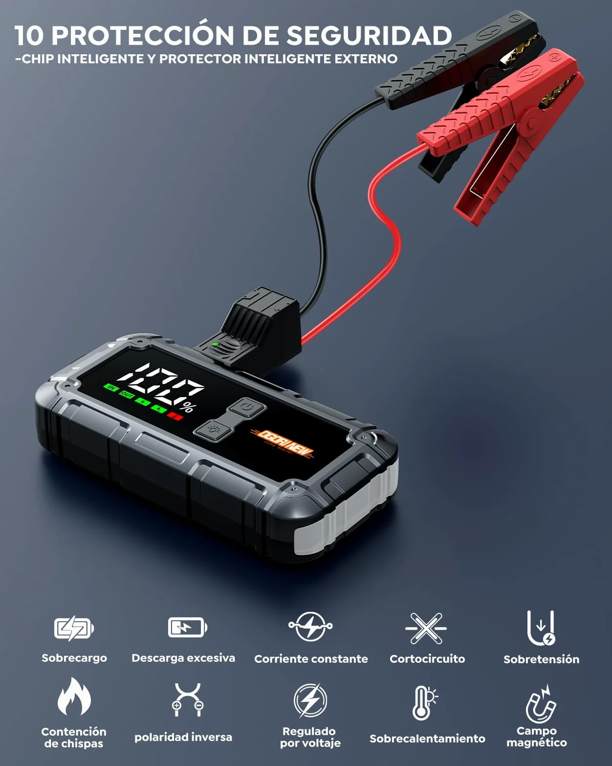Arrancador de Coche, 7000A Arrancador de Baterias de Coche,12V Arrancador de Coches Portatil para 10L Gas o 8L Diesel,Jump Starter con Pantalla LCD y Linterna LED de 3 Modos