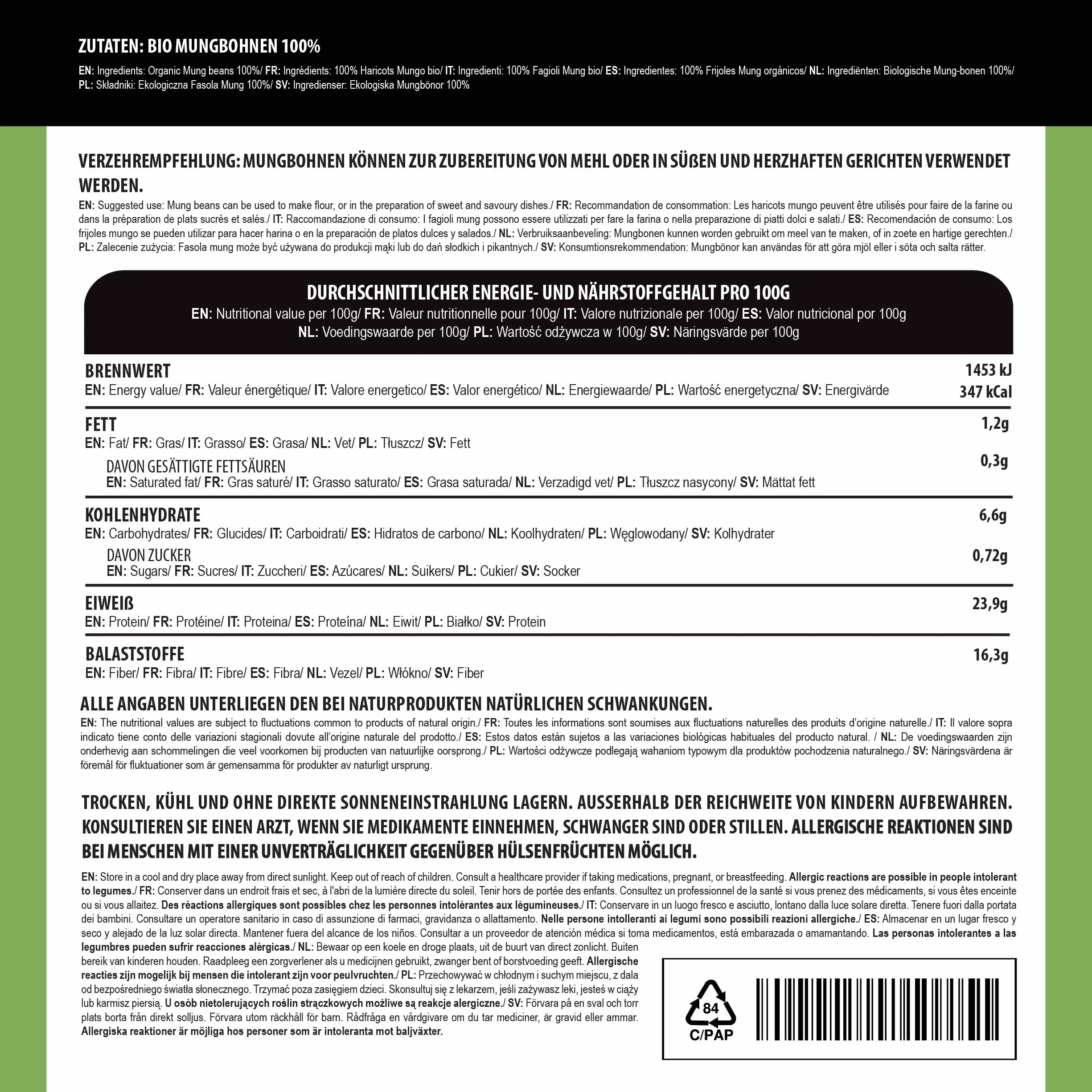 Alpi Nature Frijoles Mungo Orgánicos 500g, Frijoles Verdes Enteros sin Gluten