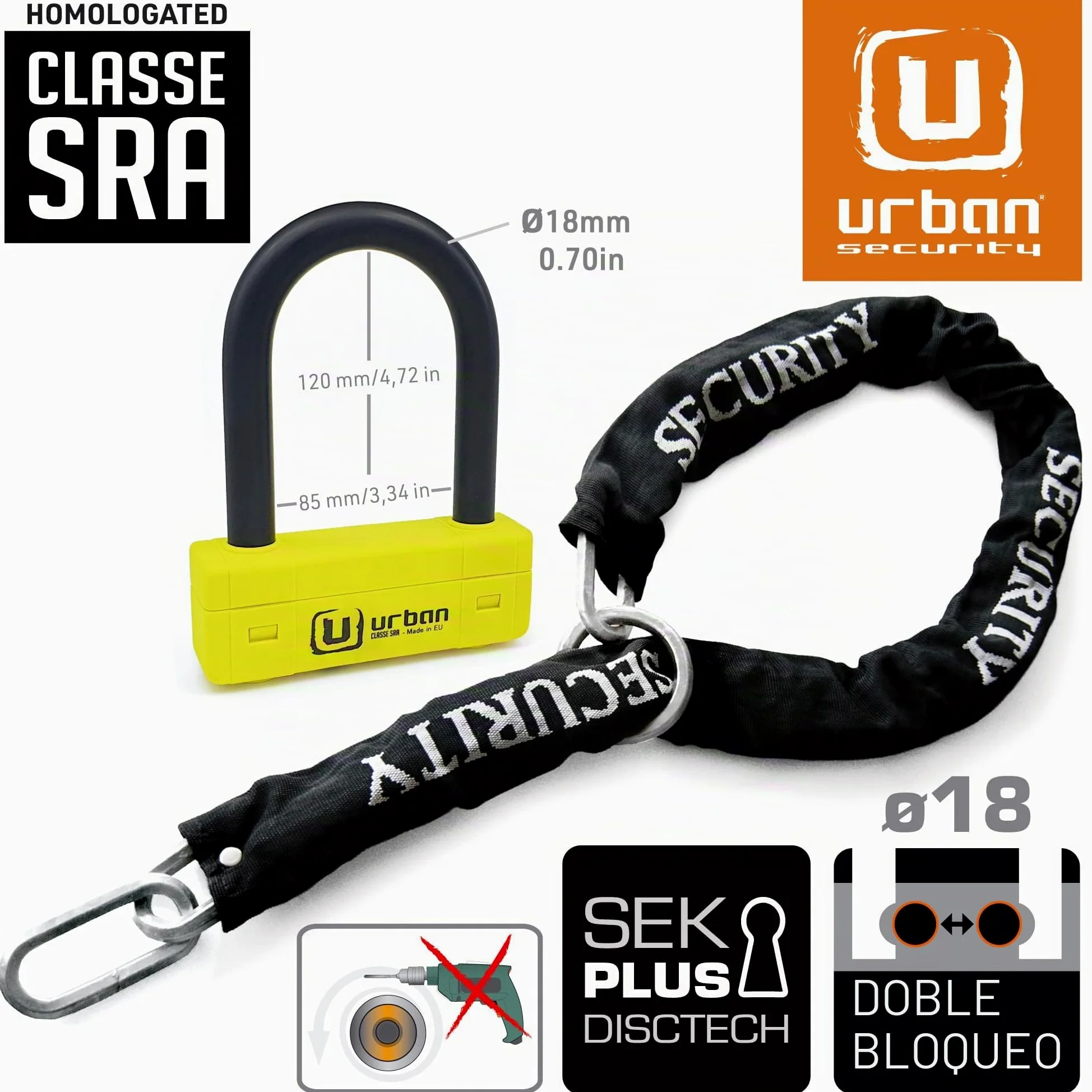 URBAN UR85120Y+10.120L Candado Moto U Homologado SRA + Cadena Acero Endurecido 120cm Más Largo con Sistema Lazo, Horquilla Acero Endurecido ø18mm, Máxima Seguridad Antirrobo Universal para Motocicleta