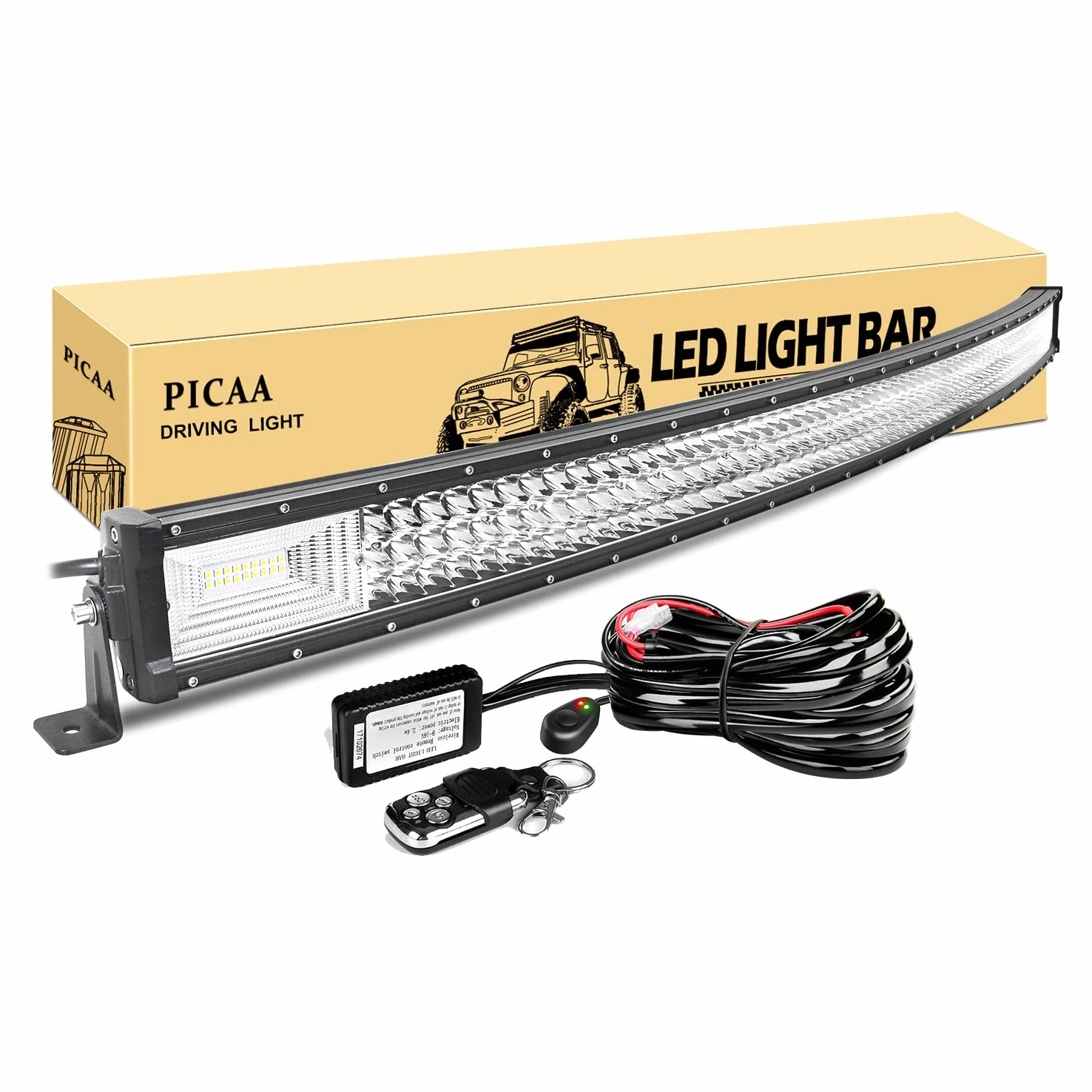 PICAA Barra de luz LED, Curva 52" 130 cm 675W 7D 3 Filas Spot/Flood Combo | con mazo de cables estroboscópico,IP67,Barra LED auxiliar, para coche SUV 4x4 todoterreno camión tractor ATV UTV Moto Barco