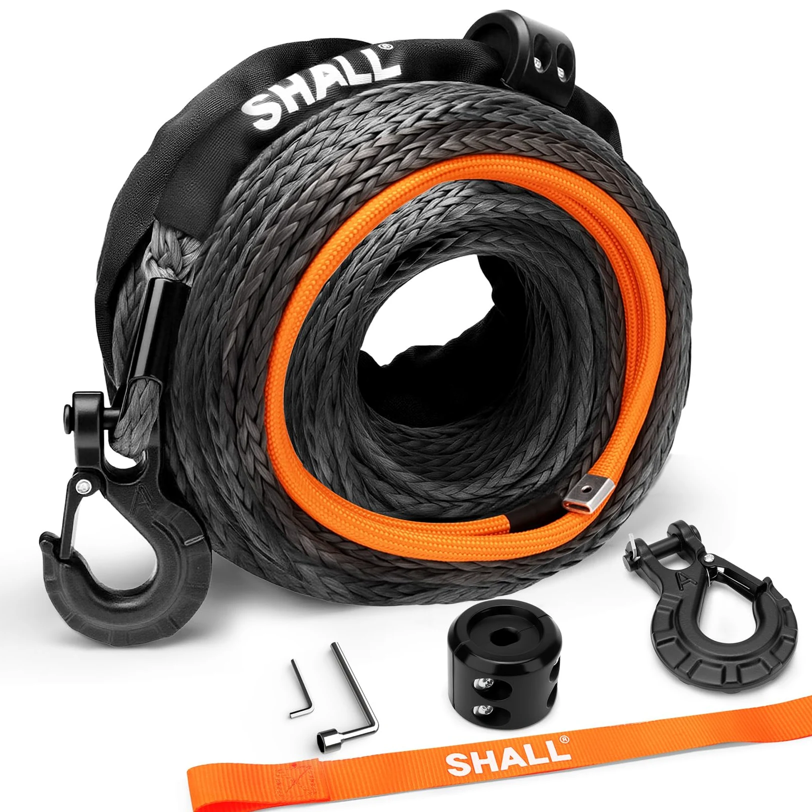 SHALL Correas y Cuerdas de Remolque, Cuerda sintética para cabrestante de 12 mm x 28 m de Largo, 16 toneladas (35500 LB), Funda Protectora, Gancho Forjado para cabrestante y Correa de Seguridad