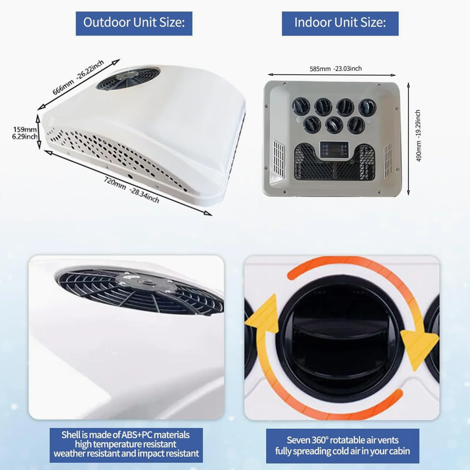 Aire Acondicionado Eléctrico de Techo 8500 BTU 12V 24V 48V 220V 115V CC para RV Autocaravana