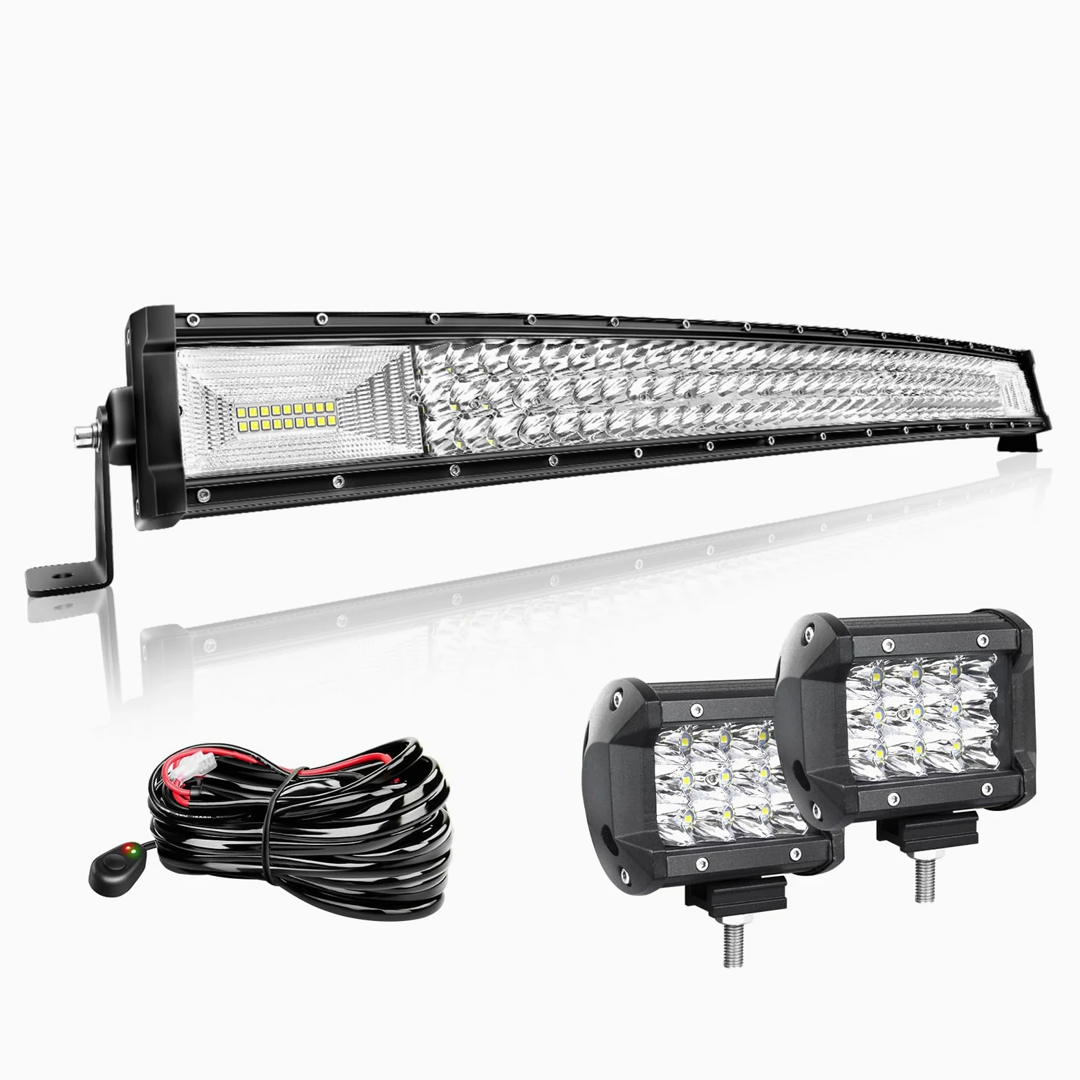 Willpower Barra LED 4x4 32" 405W + Focos LED Tractor 4" 12V 24V, Cableado | Barra Luz LED Curva 81CM + 2X Focos de Trabajo LED 10CM, Largo Alcance, Blanco, para Coche Camion Barco Quad Vehículos