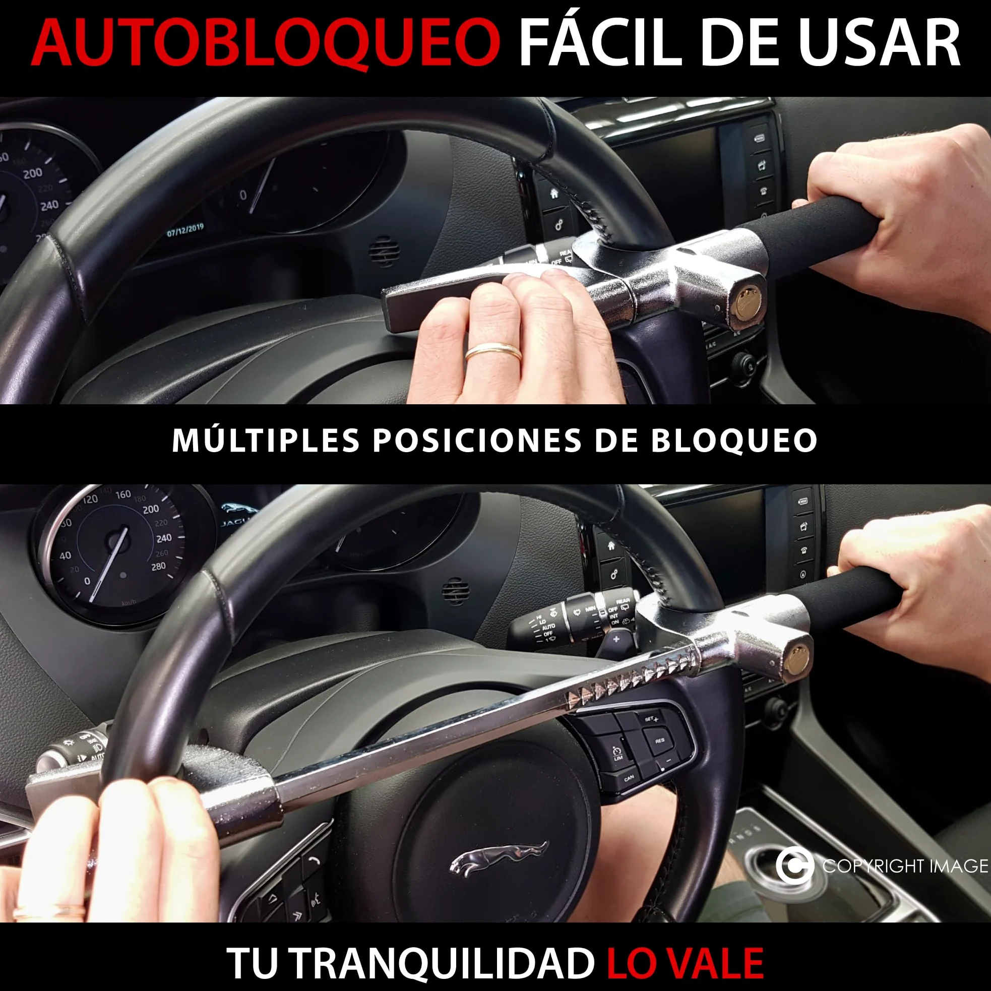KRASER WA839B Antirrobo Coche, Alta Seguridad, Barra Volante Reforzada, Muy Visible y Disuasorio, Bloqueo Más Ajustable, Martillo Emergencia, Cepo Coche Universal SUV Furgoneta Autocaravana