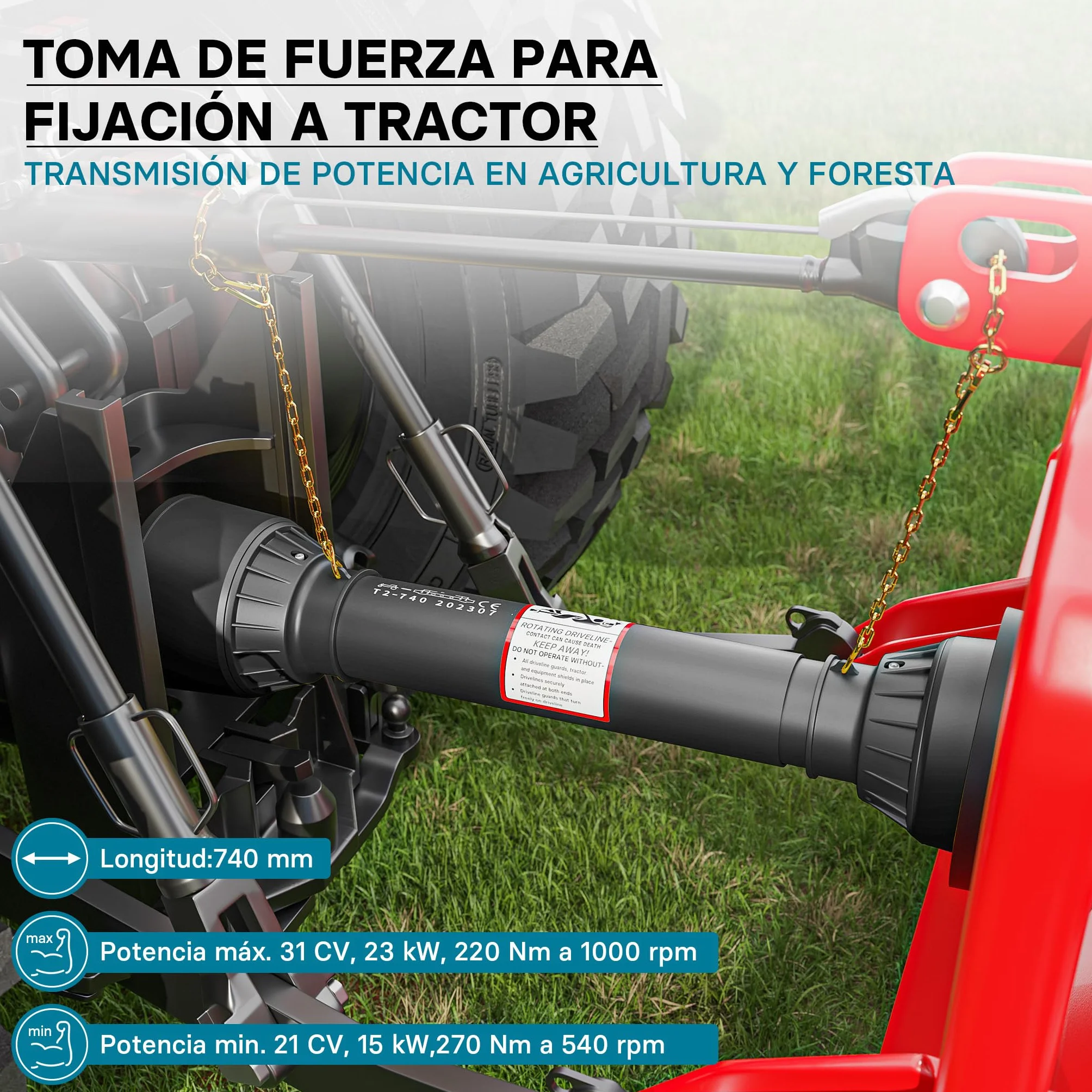 WilTec Toma de Fuerza T2 Eje transmisión cardán 740-960mm 270Nm 540rpm PTO 23KW (31CV) 2X 1 3/8" 6 Dientes