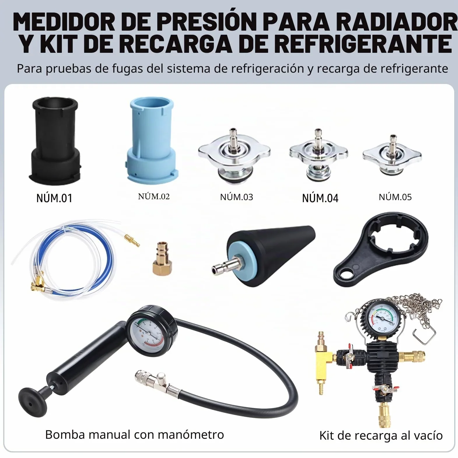 FreeTec 28 pzs Probador Presion Radiador, Universal Probador Presion Circuito Refrigeración, Kit Comprobador de Fugas Purgador Liquido Refrigerante, Herramientas Radiador Coche con Bomba Adaptador