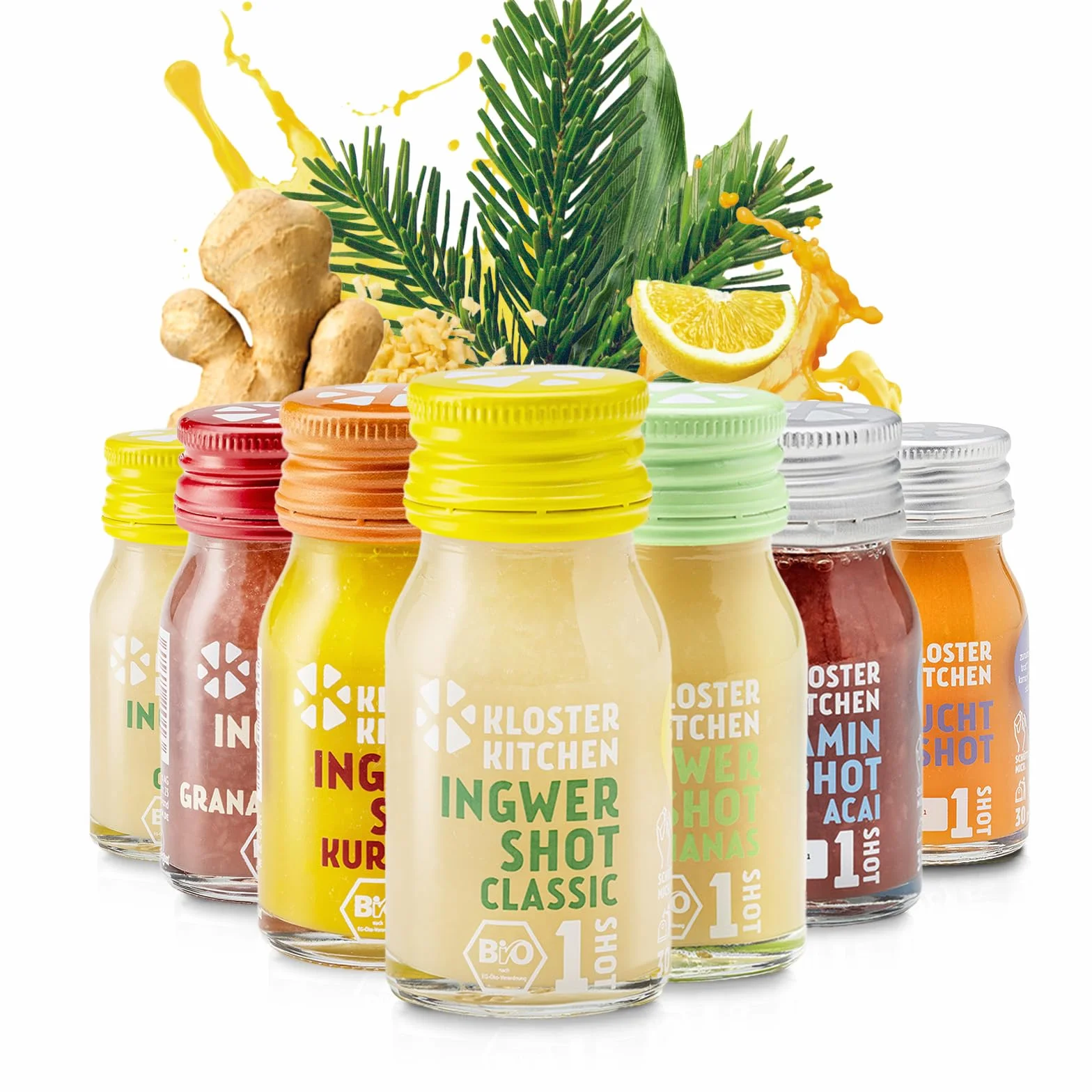 Kloster Kitchen Mezcla de jengibre orgánico 14 botellas 30 ml con trozos de jengibre vidrio vegano