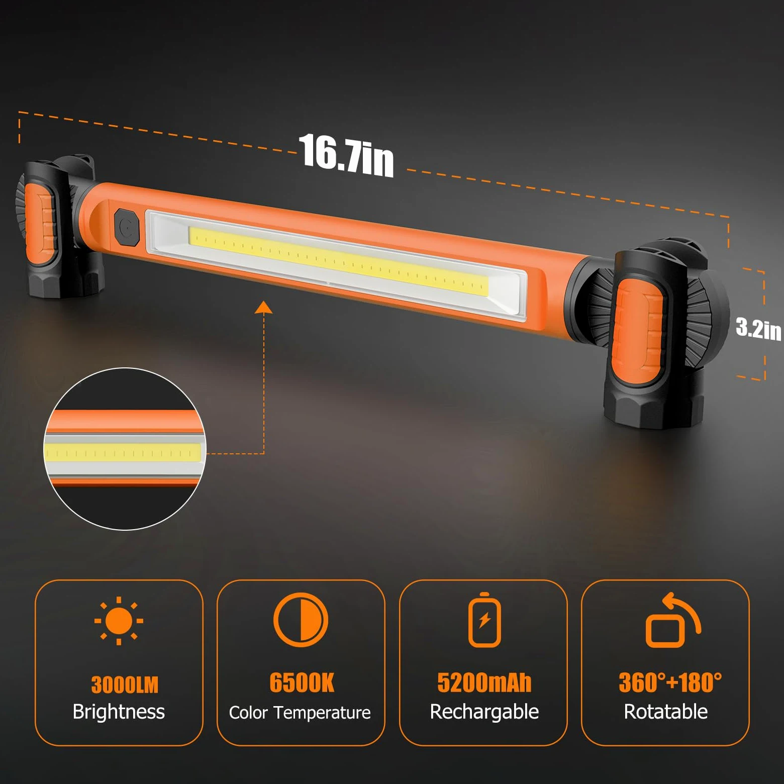 Luz de trabajo, luz de trabajo LED de 3000 lm, luz de trabajo magnética recargable de 5200 mAh, luces de trabajo inalámbricas debajo del capó con ganchos para mecánicos, inspección, taller,