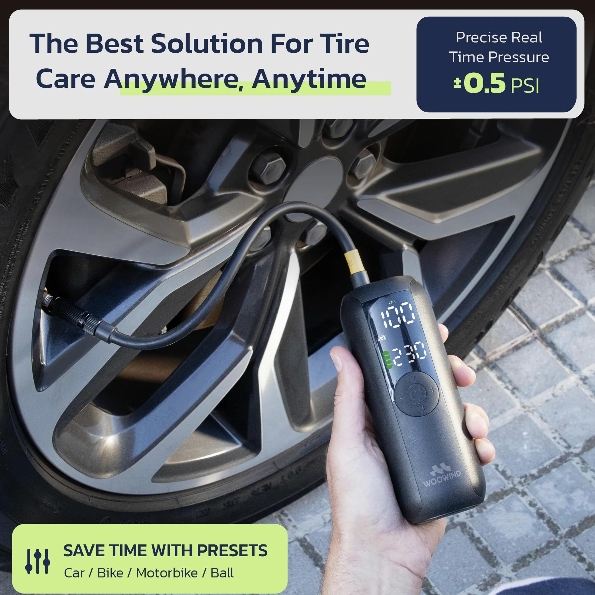 Woowind Compresor Aire Portatil 150PSI/10,3Bar, Bomba Bicicleta, Inflador Ruedas Coche, Hinchador Ruedas Coche, Apagado Automático + Woowind Tire Sealant Pro Sellador de Neumático Paquete