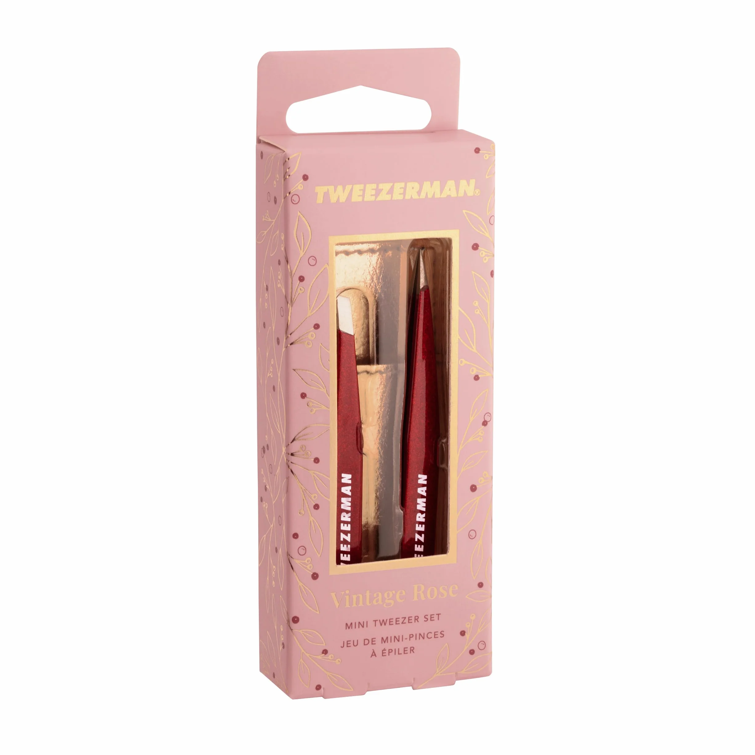 TWEEZERMAN Set de Mini Pinzas para Cejas de Precisión con Funda de Cuero, Vintage Rose