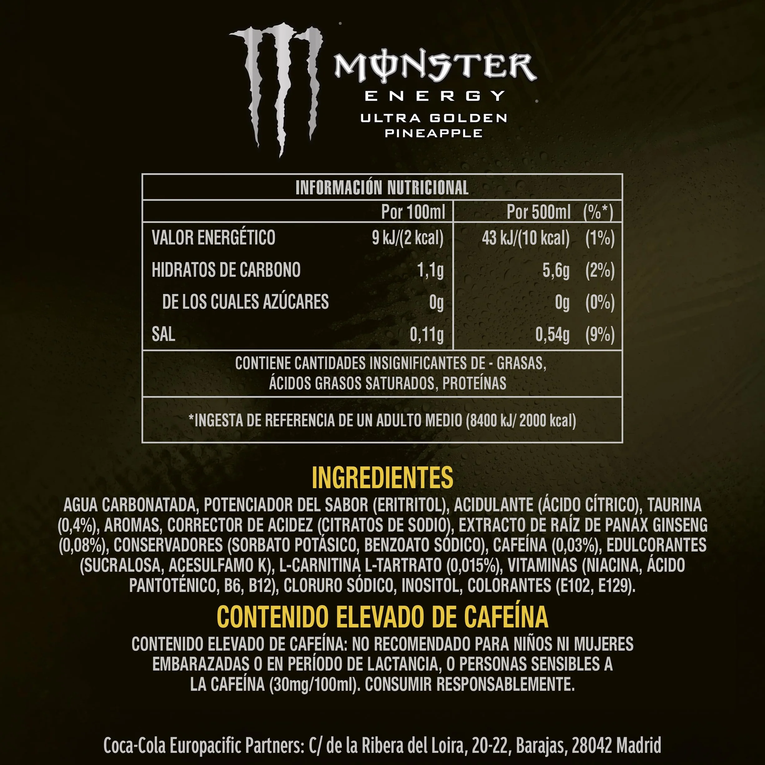 Monster Ultra Gold Zero Bebida Energética sin Azúcar Pack 12 latas 500ml