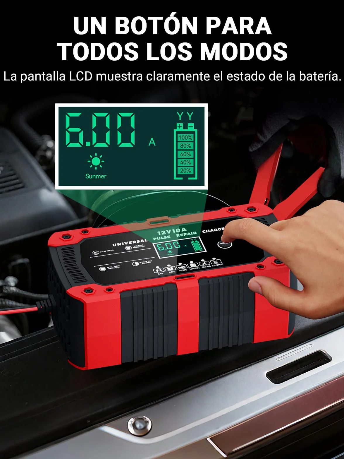 Cargador de Batería de Coche 12V 10A Cargador Baterias Coche y Moto con Pantalla Táctil LCD Inteligente y Múltiples Protecciones Cargador de Batería para Auto Moto Camión AGM, Gel, SLA