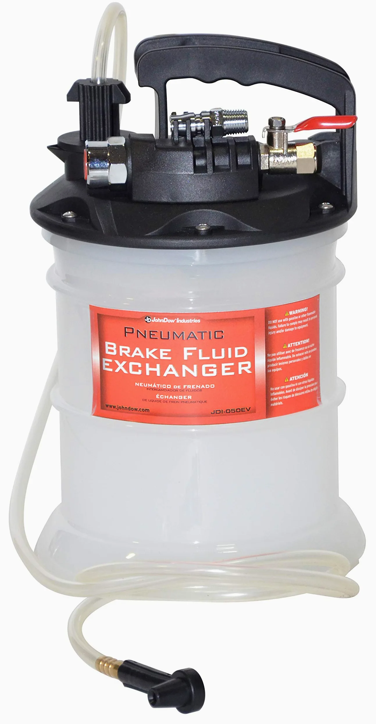 JohnDow Industries JDI-050EV - Purgador de líquido de frenos neumático operado por aire, capacidad de 0.5 galones con botella de repuesto de líquido incluida, color blanco