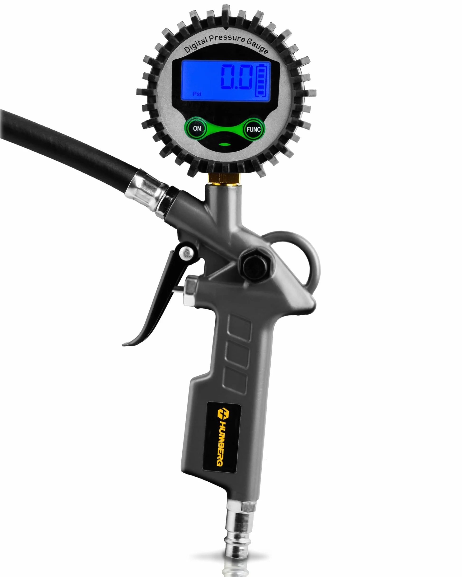 Humberg Inflador digital de neumáticos con manómetro – manómetro de presión de neumáticos de 15 bares con pantalla LCD – Medidor de presión de aire para coche, moto y bicicleta – Manguera de 34 cm
