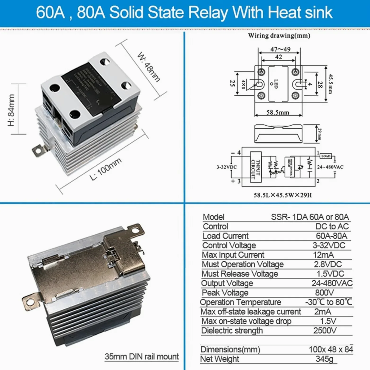 Relé Industrial SSR con disipador de calor, relé de estado sólido montado en Riel DIN, CC a CA, 10A, 25A, 40A, 60A, 80A, 100A, 120A, 1 Uds.(DC-AC 100A)