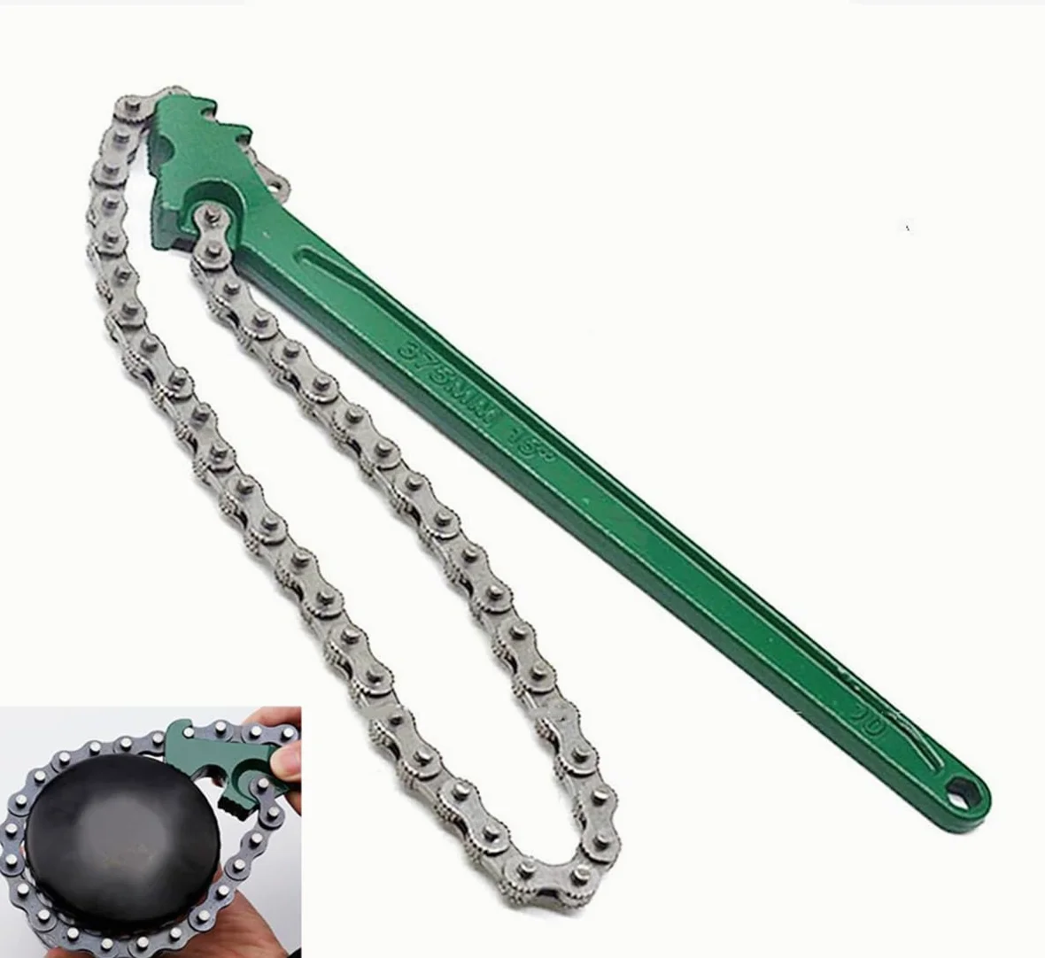 Llave de cadena de trinquete de alta resistencia de 15 pulgadas, llave para filtro de aceite, herramienta reversible para ajuste de tuberías de diámetro máximo de 8 pulgadas, herramienta con cadena