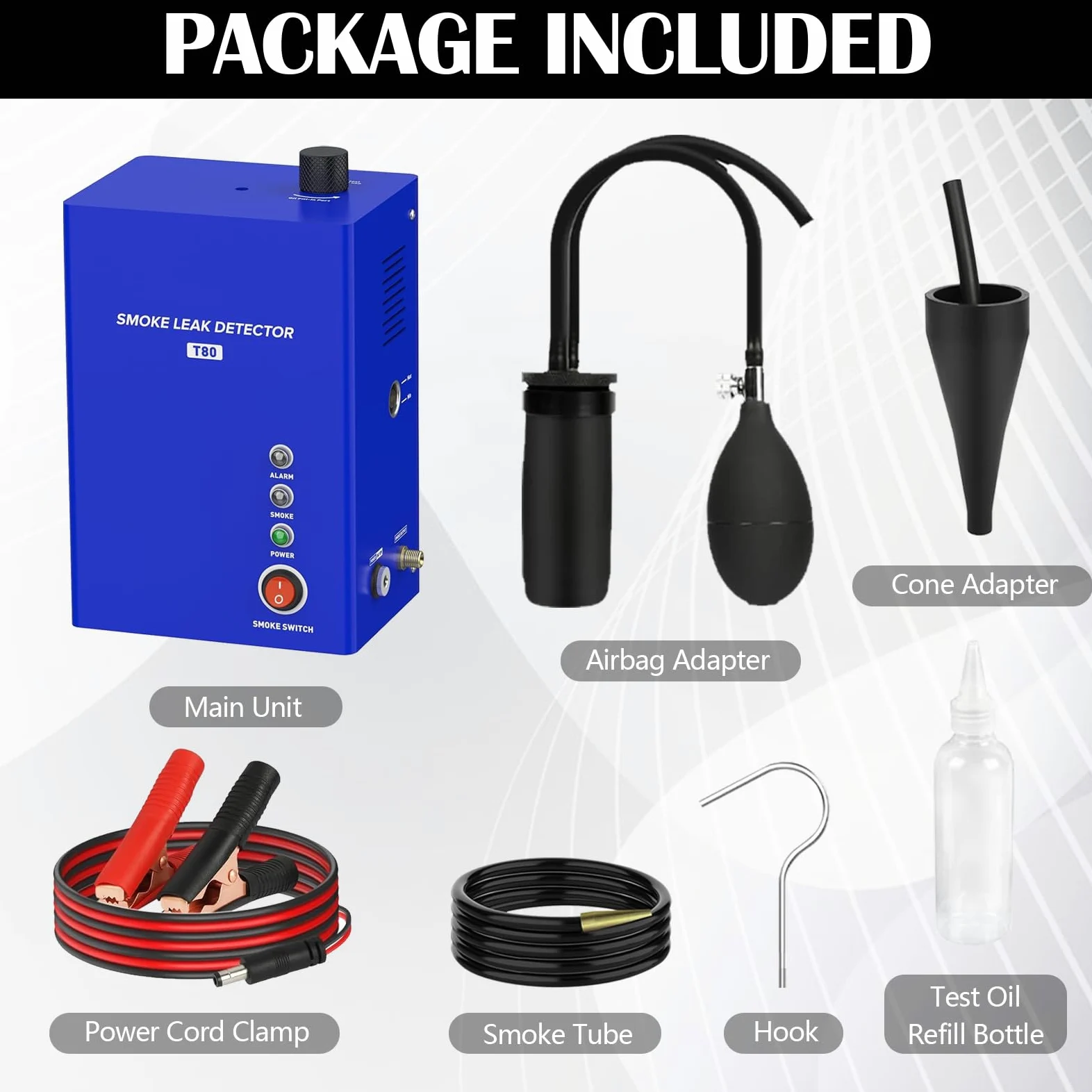 Máquina de Humo 12V para detección de Fugas EVAP, Kit Detector de Fugas para Coche Moto camión y Barco, con Pinzas de alimentación adaptadores y Tubo de Humo
