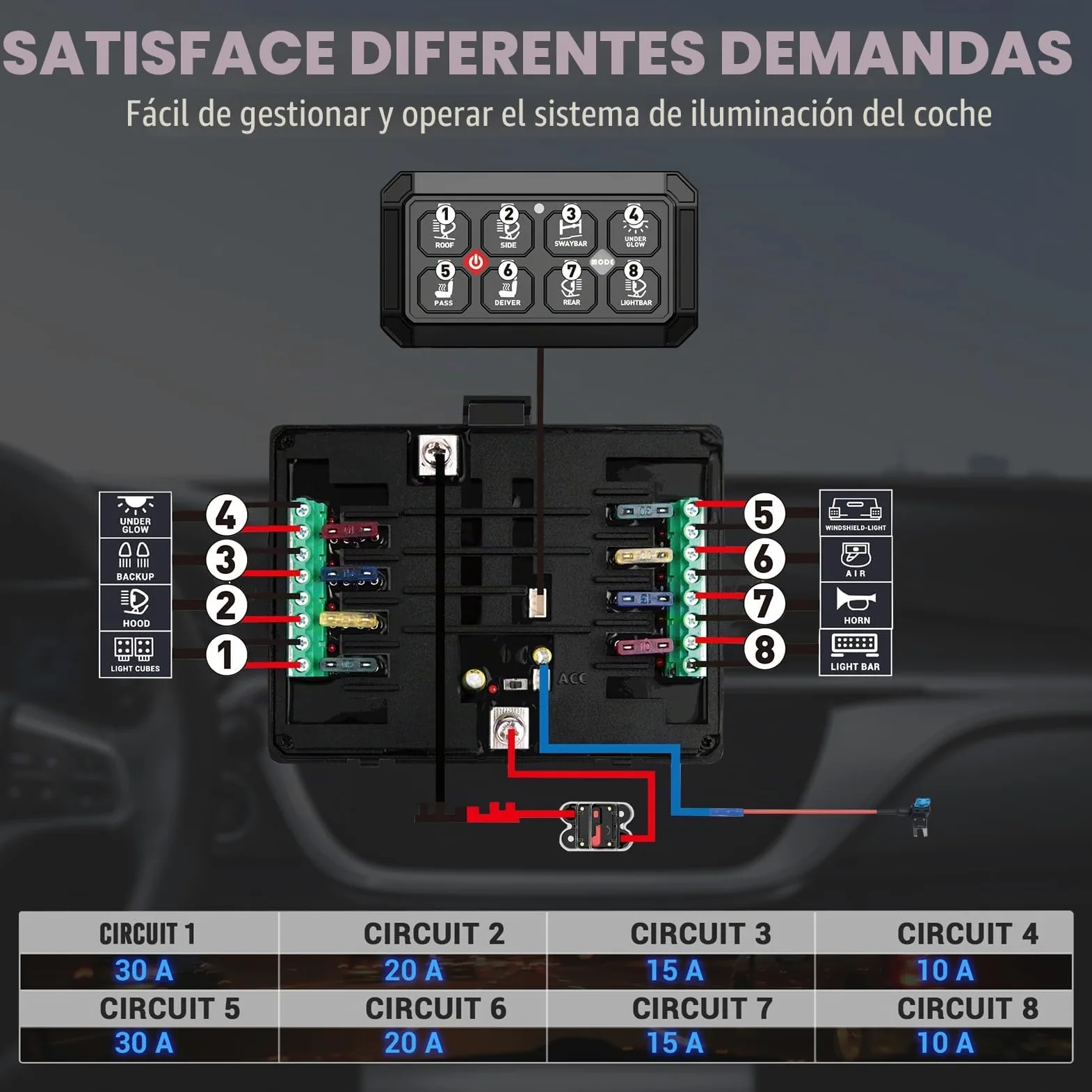 Panel de interruptor de 8 marchas, sistema de relé de circuito universal | conmutación inteligente y LED regulable, panel táctil RGB de siete colores para coche