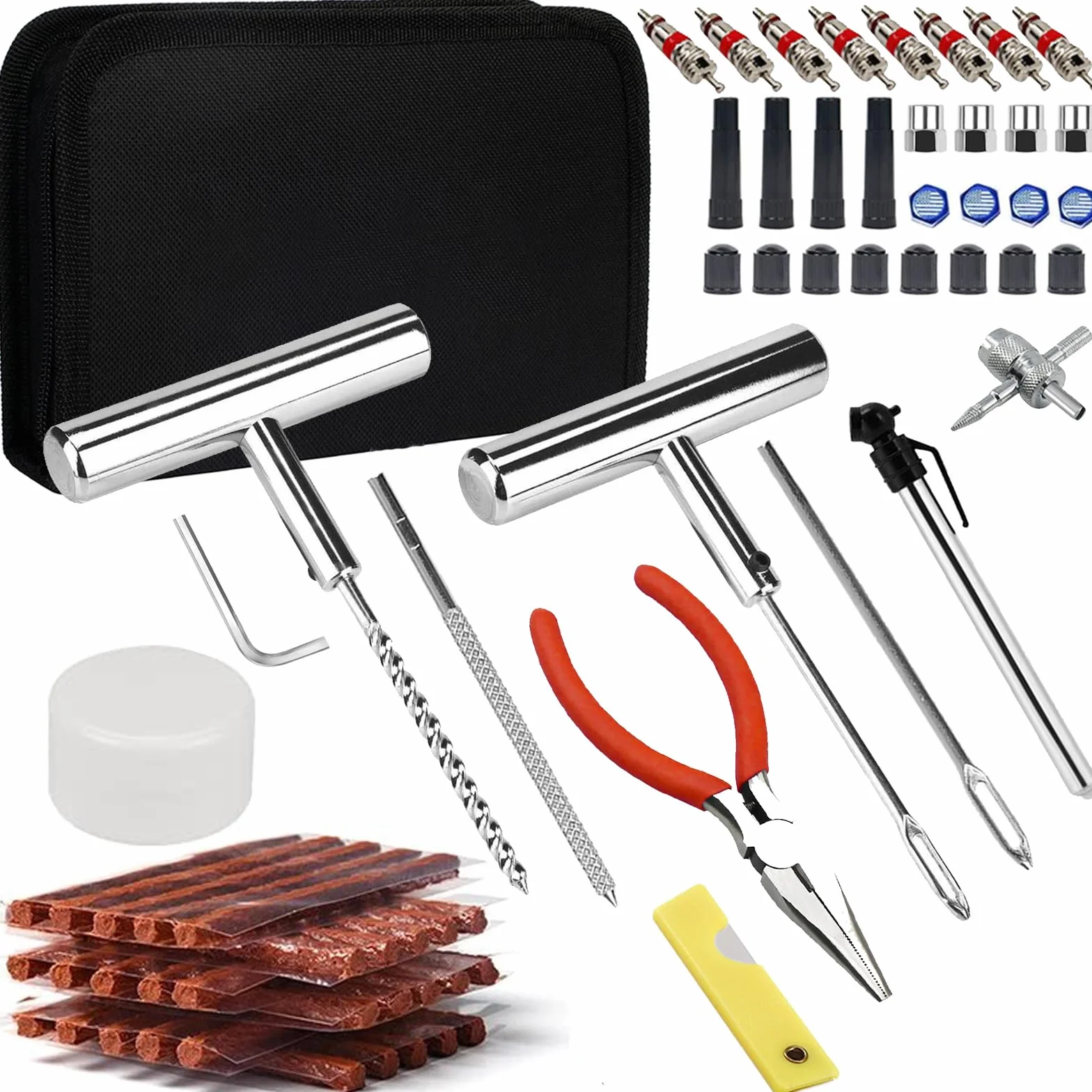 Kit Reparación Neumáticos,70pcs Kit Repara Pinchazos Coche,Kit Antipinchazos Moto,Herramienta Reparacion Pinchazos con 30pcs Mecha Pinchazos para Coche/Moto/Camiones/ATV/Tractores/SUV/Furgonetas y Más