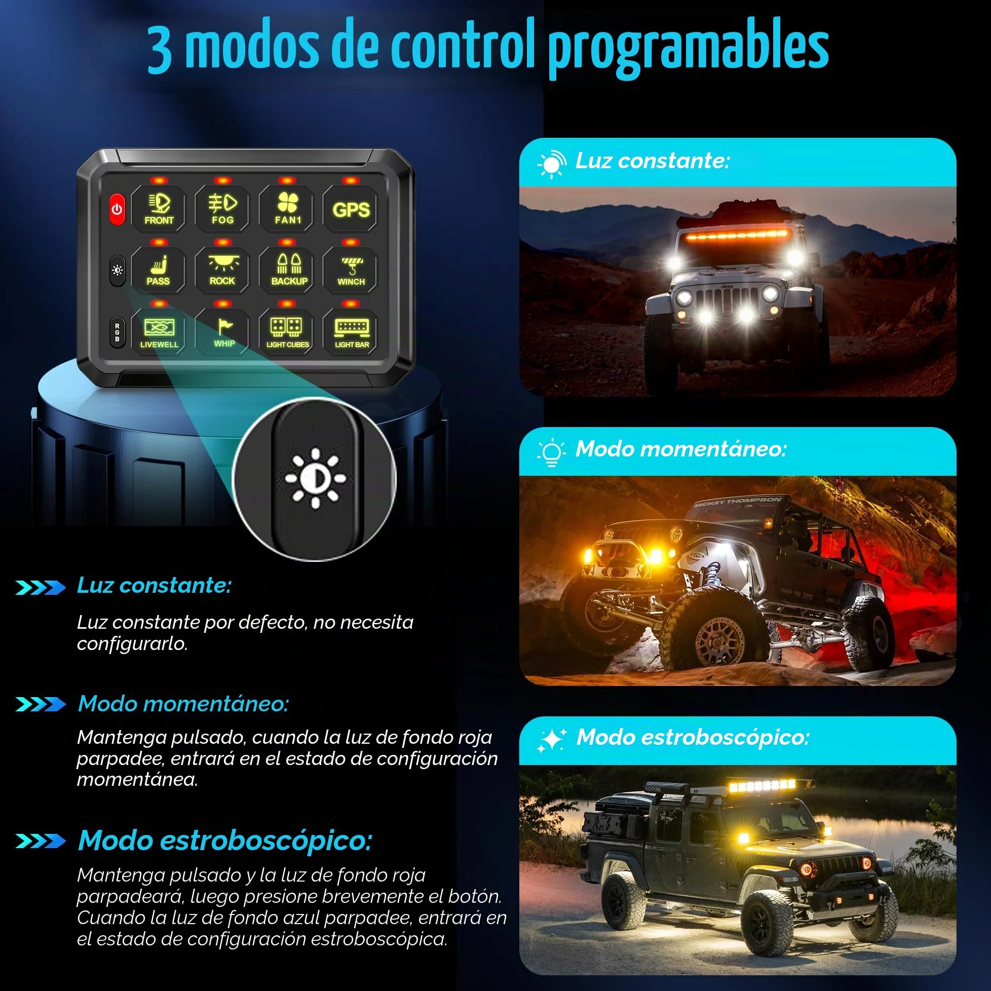 Panel de interruptor RGB de 12 velocidades, regulable automáticamente, panel de interruptores multifunción con memoria de impulso de inclinación instantánea, panel de aluminio para camiones