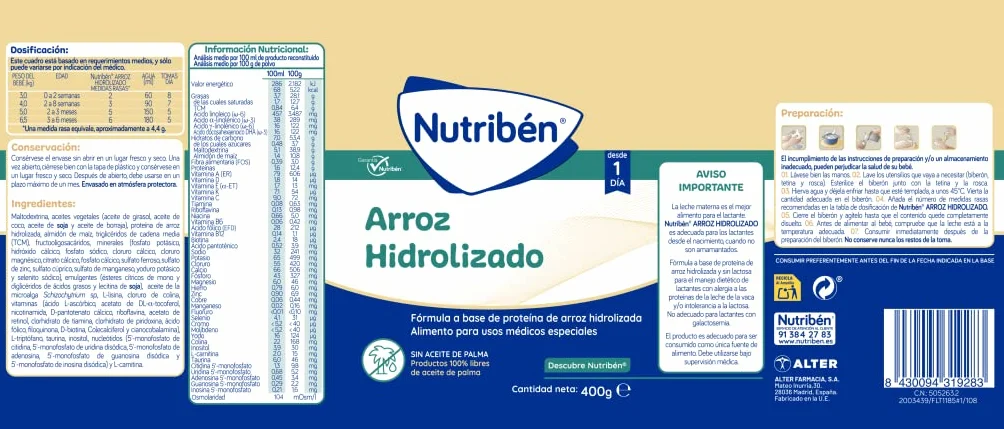 Nutribén Arroz Hidrolizado Leche en polvo bebé 400g Sin aceite de palma