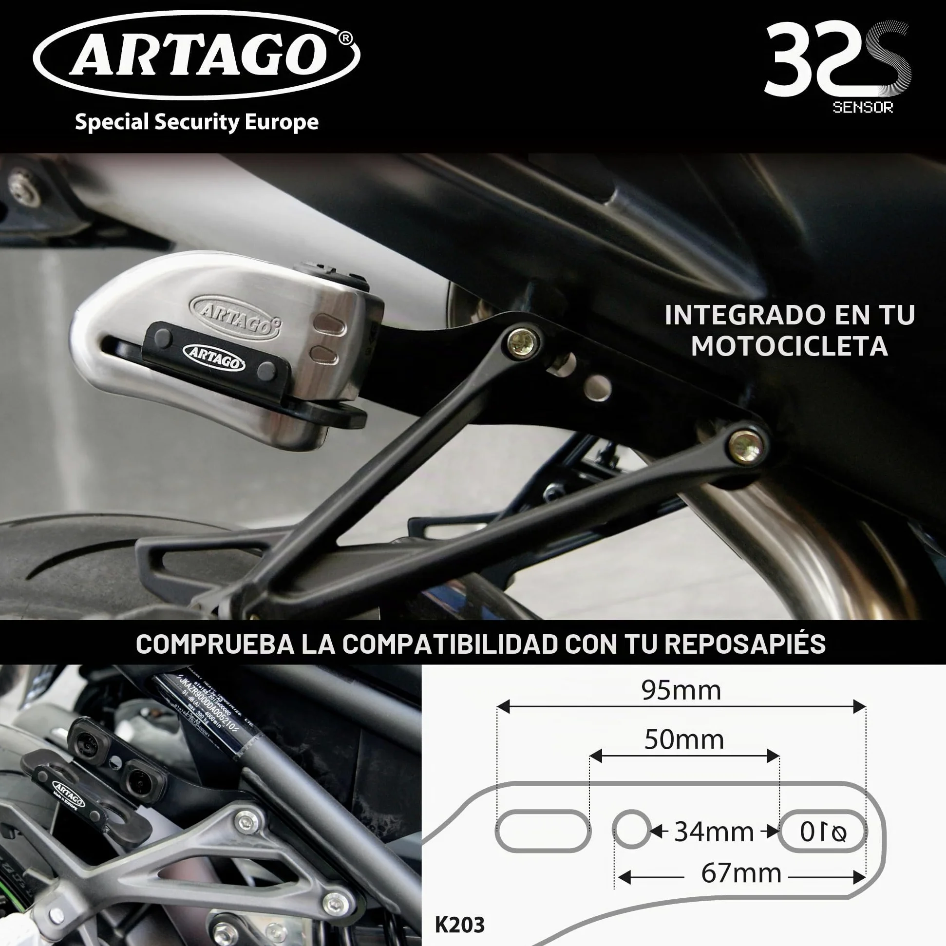 Artago 32S2 Pack Candado Antirrobo Disco con Alarma 120db Alta Seguridad + Soporte para Yamaha MT-07 y Tracer 700, Homologado Sra