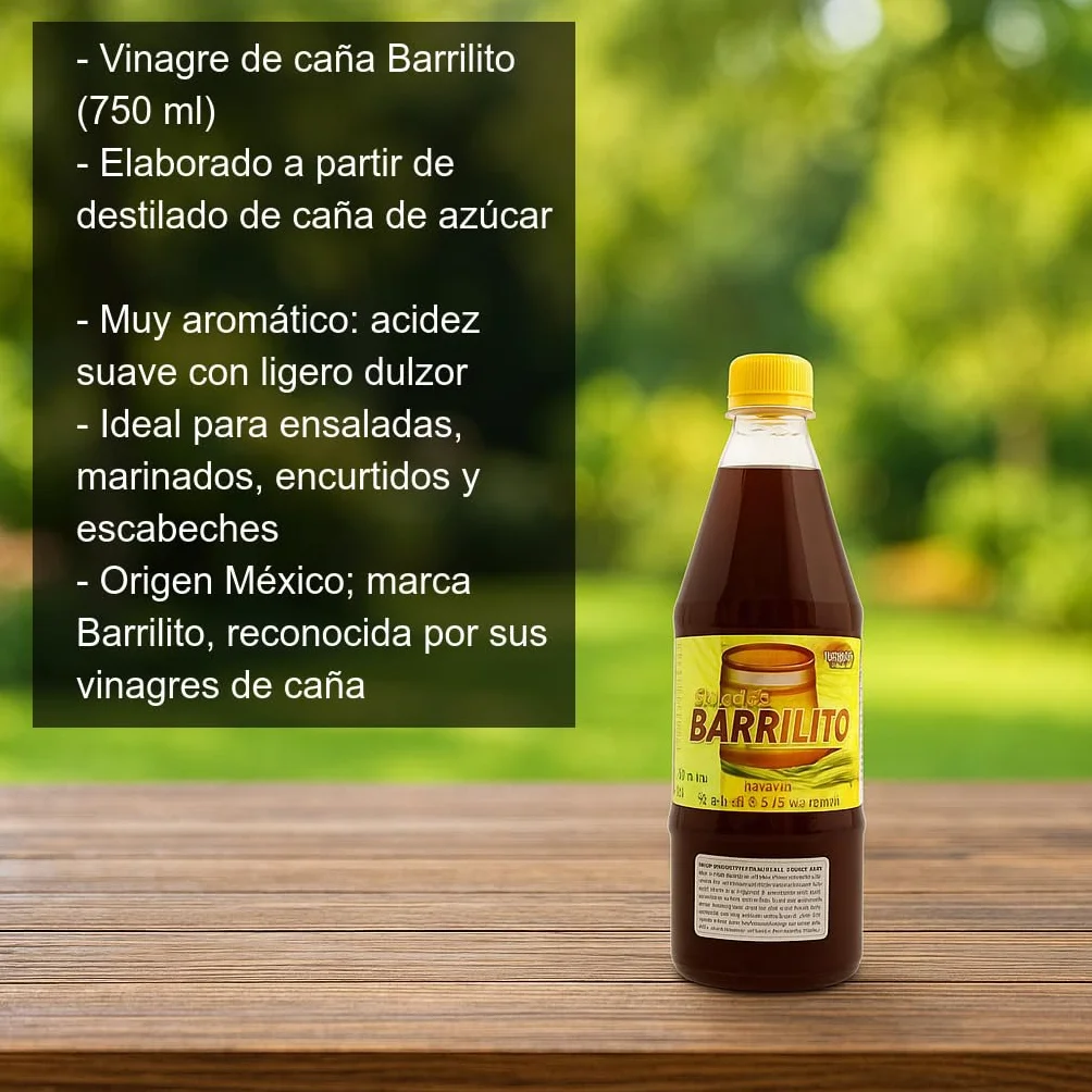 Vinagre de Caña de Azúcar Mexicano Barrilito 750 ml, aromático y suave para ensaladas