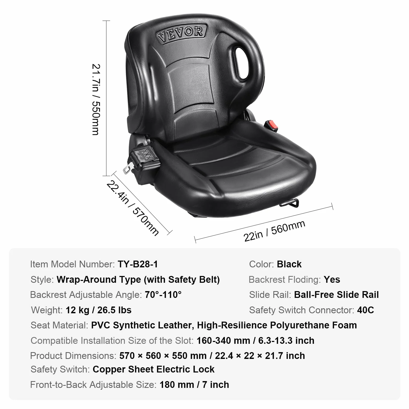 VEVOR Asiento universal para carretilla elevadora, asiento de tractor con respaldo de ángulo ajustable, microinterruptor y cinturón de seguridad, asiento envolvente para carretilla elevadora para exca