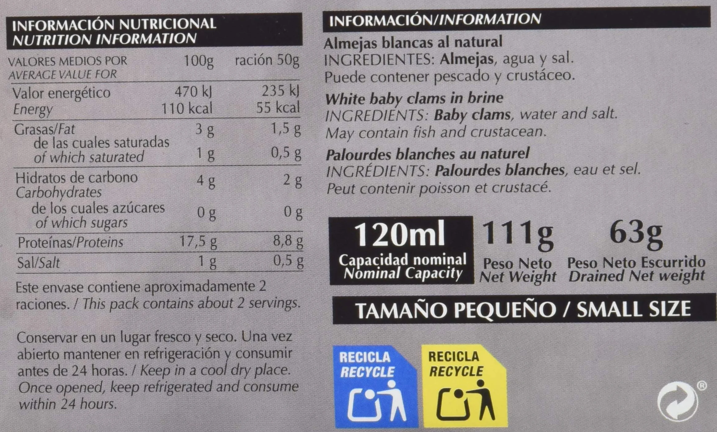 Almejas Blancas Al Natural 63 g Pack de 24