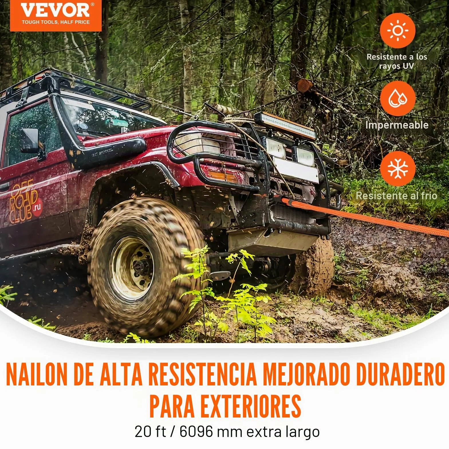 VEVOR Cuerda de Remolque de recuperación cinética de 7/8 Pulgadas x 20 pies, 30 Libras, Correa de Arranque Todoterreno Resistente, 30% de Elasticidad, Correa de Arranque de energía para Jeep, Coche,