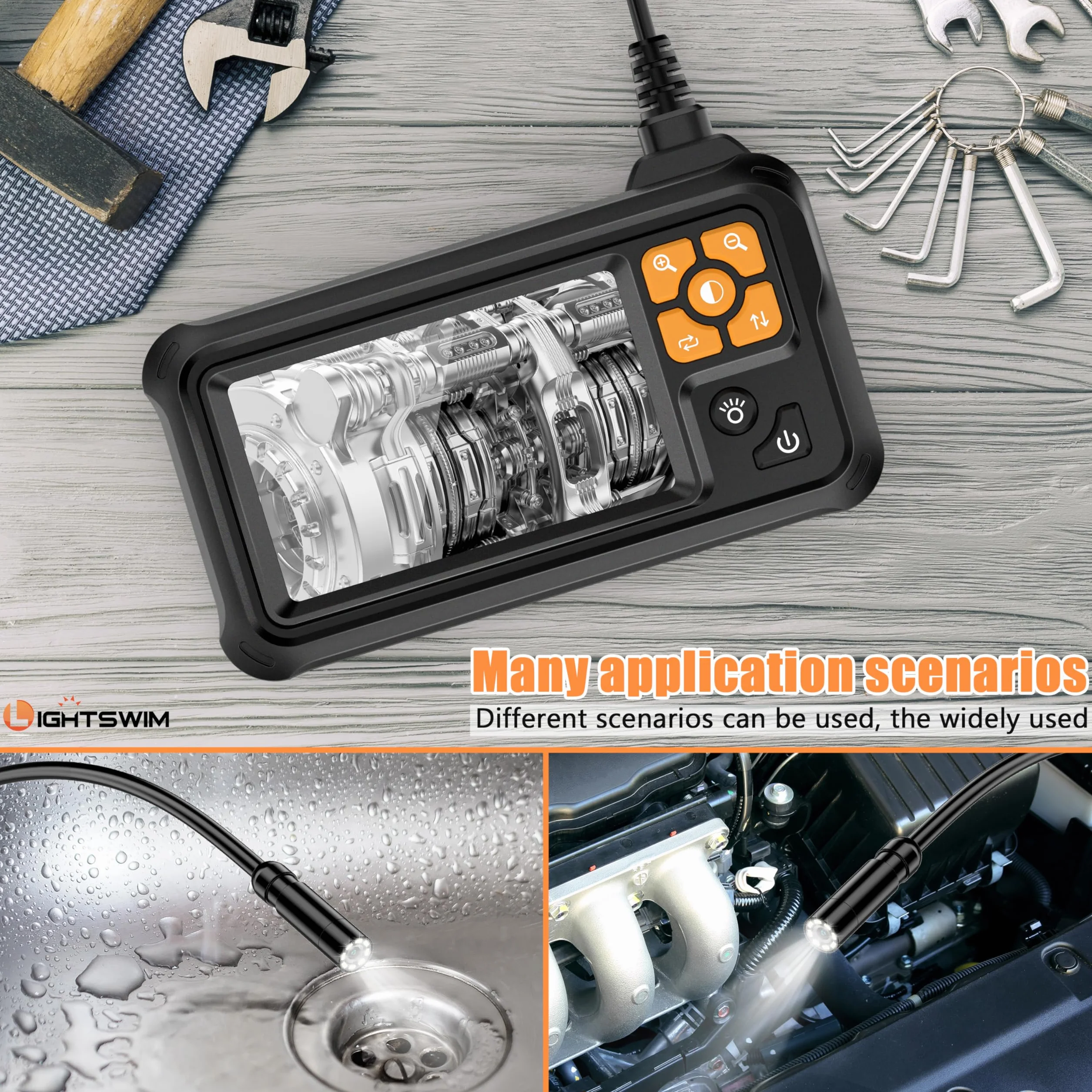 Lightswim - Boroscopio Digital Industrial HD 1080P, cámara de inspección endoscópica IPS de 4.3 Pulgadas con alcantarillado de Serpiente Impermeable IP67 de Mano con 8 Luces LED, Cable semirrígido de