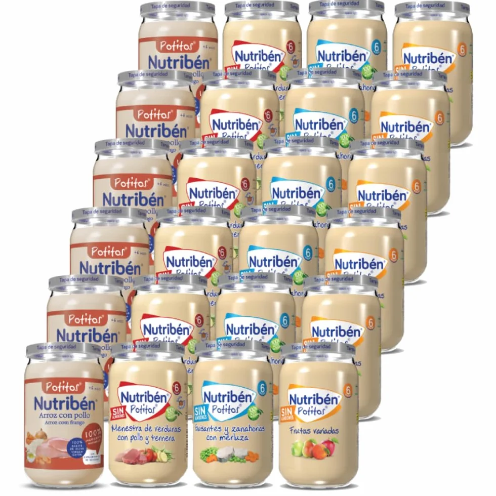 Nutribén Pack 24 Potitos variados Arroz con Pollo Menestra Verdura con Pollo y Ternera Guisantes zanahorias merluza Frutas Variadas 6 Meses 24x235gr