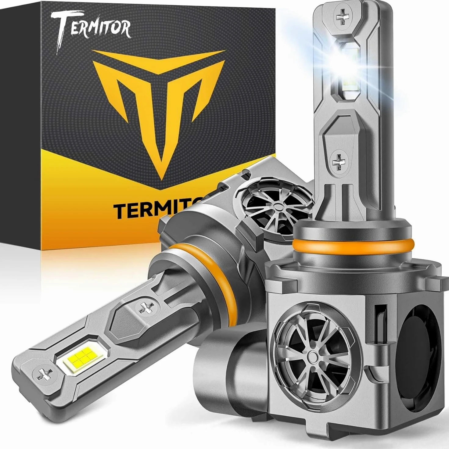 Termitor Bombillas 9005/HB3, 96000LM 1500% ultra brillo, 6500 K blanco frío, tamaño mini halógeno 1:1, bombillas de conducción con ventilador de refrigeración, Plug and Play, paquete de 2