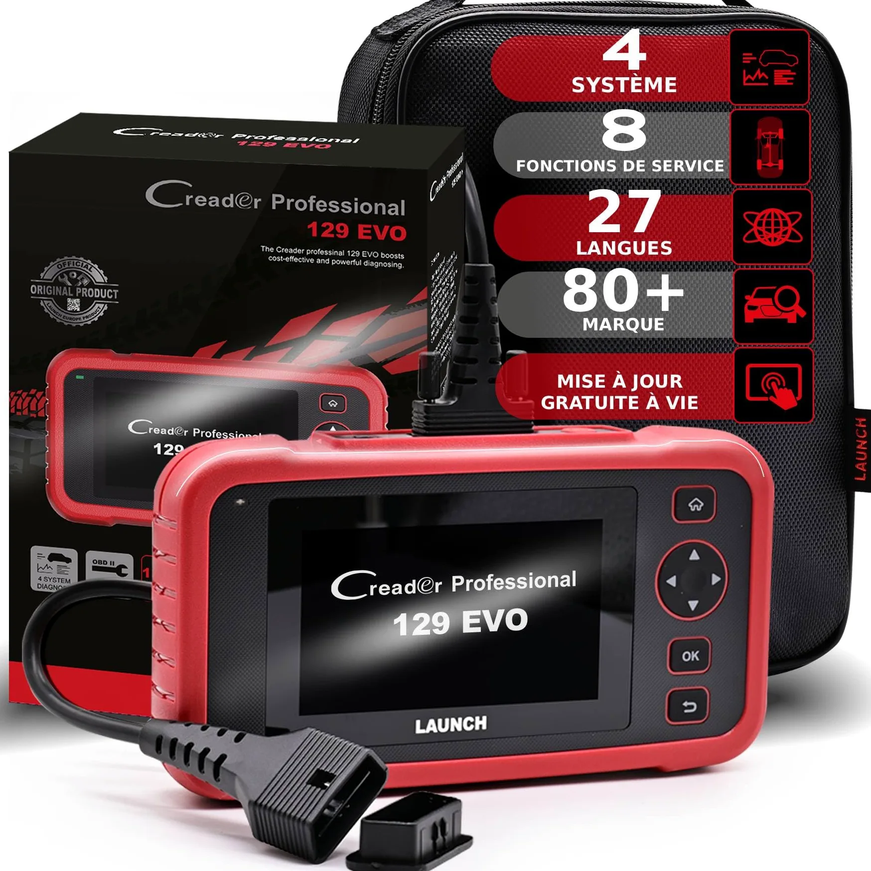 Launch CRP129EVO Unidad de Diagnóstico de Automóviles Multimarca para 4 Sistemas Completos Lector de Códigos OBD2 con 7 Funciones de Servicio e Informe de Inspección AutoVIN y Actualización vía WiFi